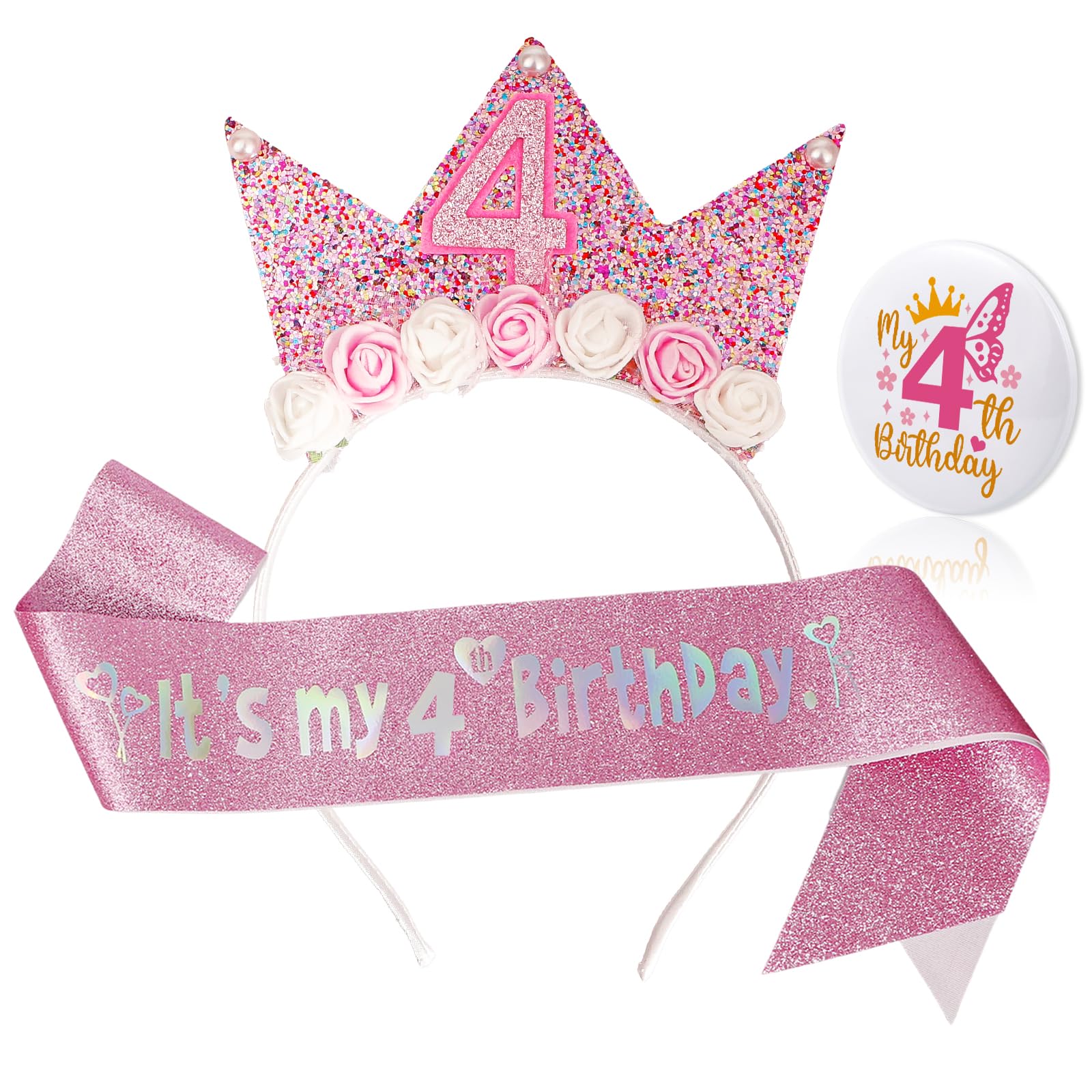 Bliceon 4th Birthday Girl Headband Sash and Badge Set, 3 Piece Pink Glitter Princess Party Decorations, Birthday Decorations Gifts for 4 Year Old Girls Party Supplies