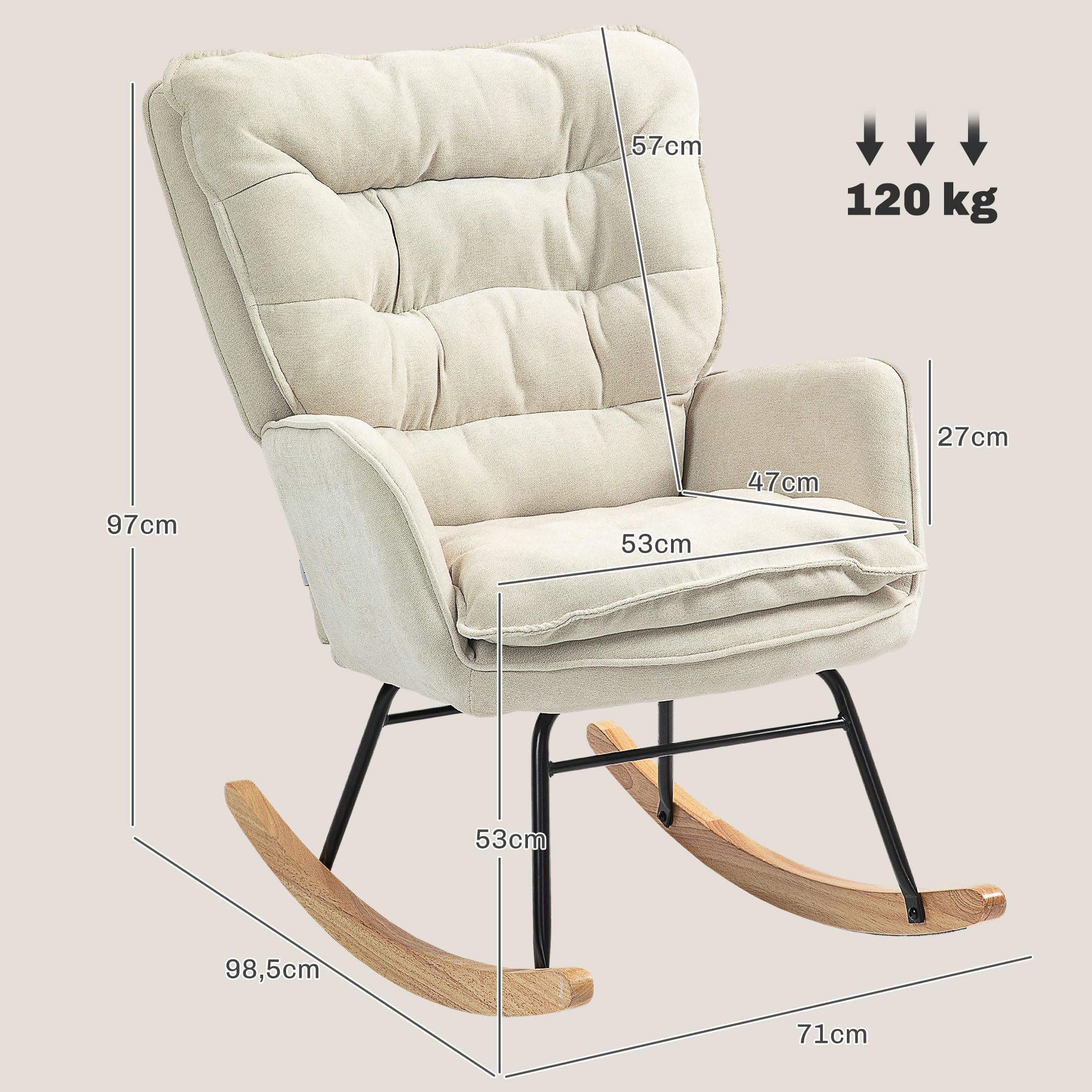 HOMCOM Fauteuil à Bascule, Rocking Chair en Chenille, Chaise à Bascule avec Dossier et Assise Larges rembourrés, accoudoirs, Base en Bois de hêtre, pour Salon, Chambre, Beige