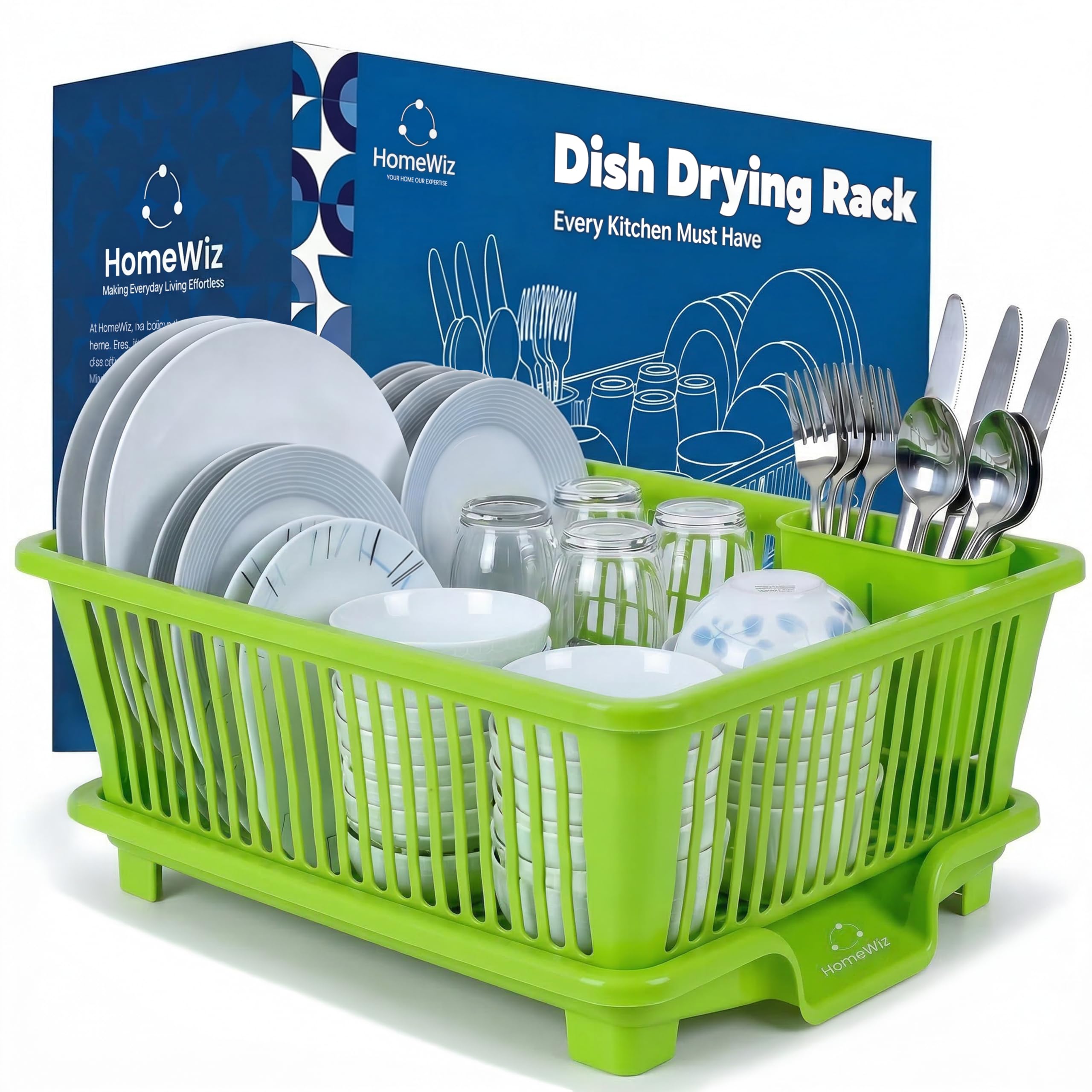 HomeWiz Plastic Dish Drying Rack | Rust-Free Utensil Rack with Built-in Drainage | 50 KG + Weight Capacity | Kitchen Rack with Cutlery Holder | BPA-Free Food Grade Plastic | 43x30x20 cm | Green