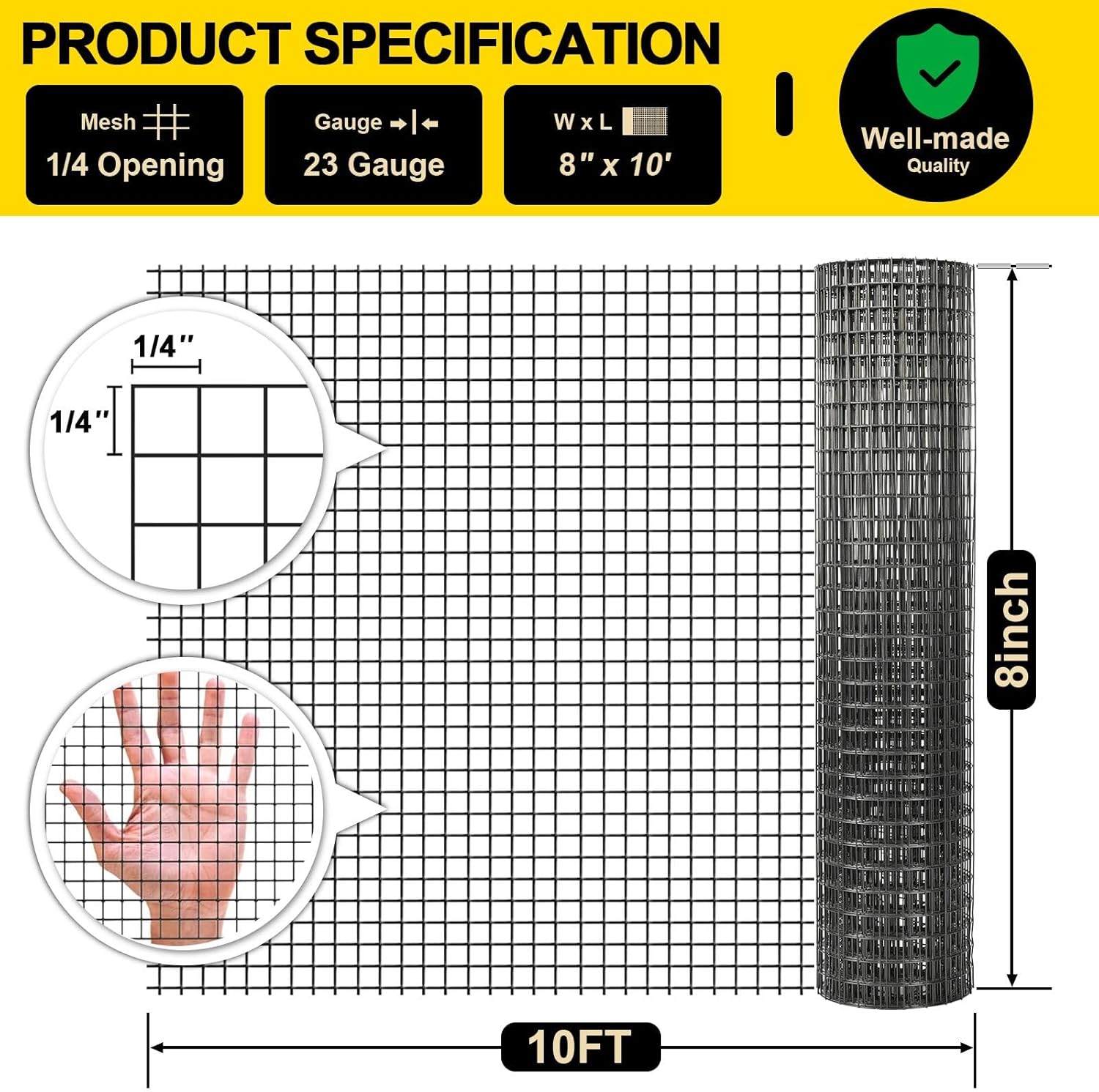 Black Hardware Cloth 8'' x 10' PVC Steel Vinyl Coated 1/4 inch Galvanized Wire Mesh Roll (23 GA) Chicken Wire Fence Roll, for coop Fences,Screen mesh, Rabbit/Snake Fences, Poultry enclosures, etc.