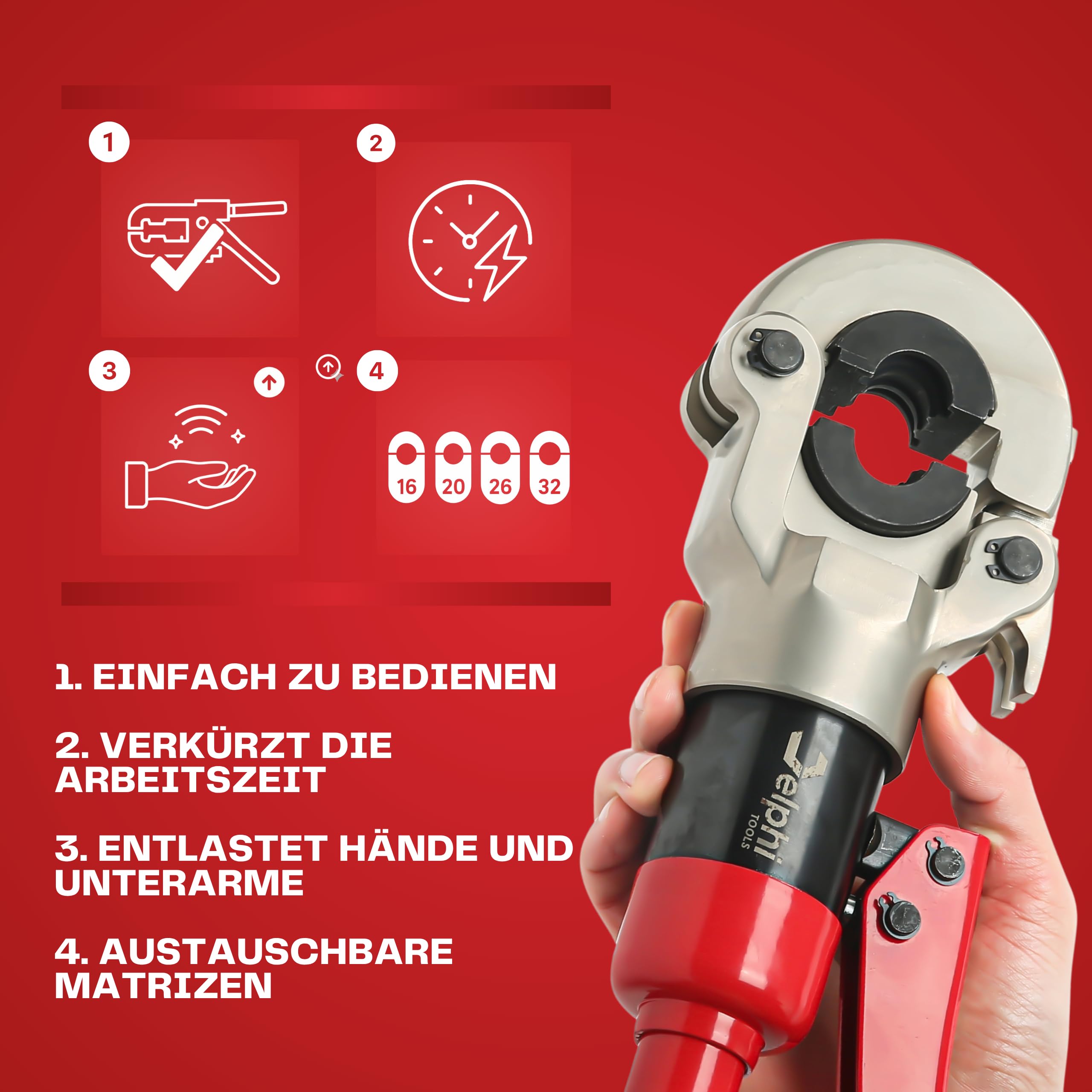 Delphi Presszange TH Verbundrohr 16-20-26-32mm (360° Kopf, 8T Druck) plus Schutzhandschuhe - Hydraulische Presszange Kupferrohr, Aluminiumrohre, PEX-Rohre, PB-Rohre, Kupferrohr-Fittings