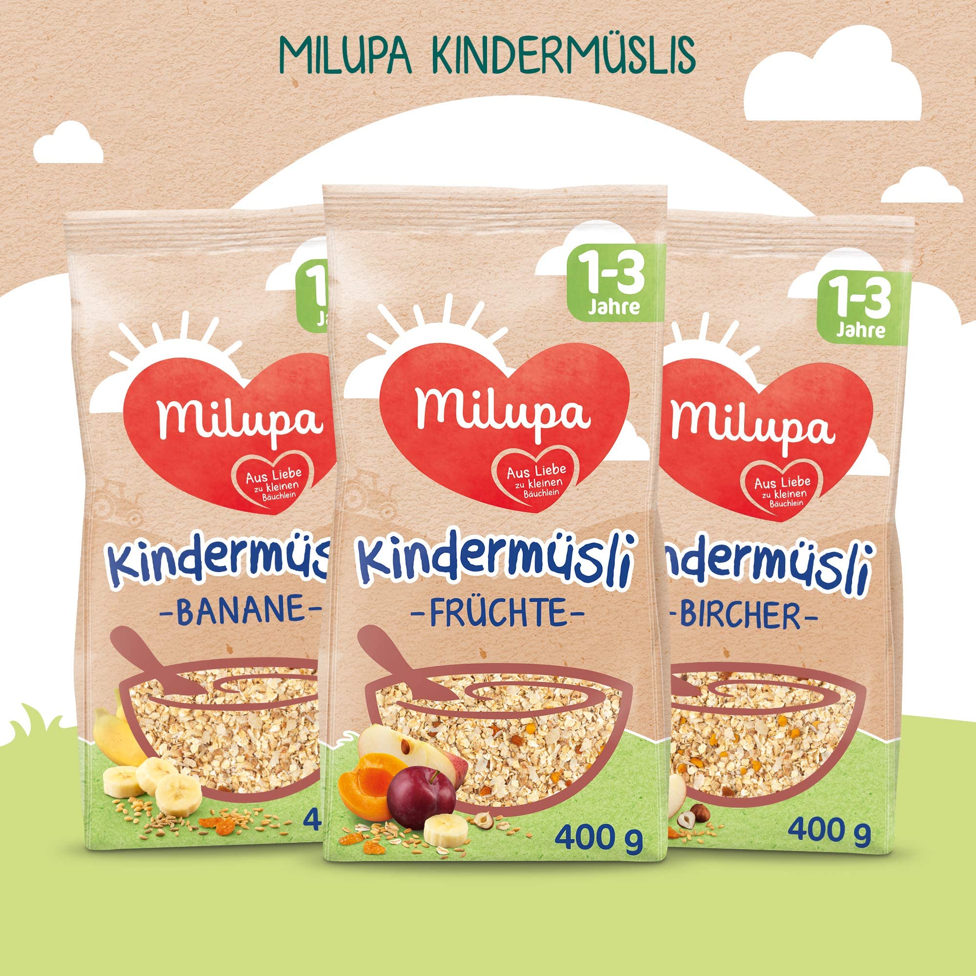 Milupa Kindermüsli Feine Früchte – Getreide Frühstück Müsli von 1 bis 3 Jahre, Ohne Zuckerzusatz, Babynahrung, 4 x 400g