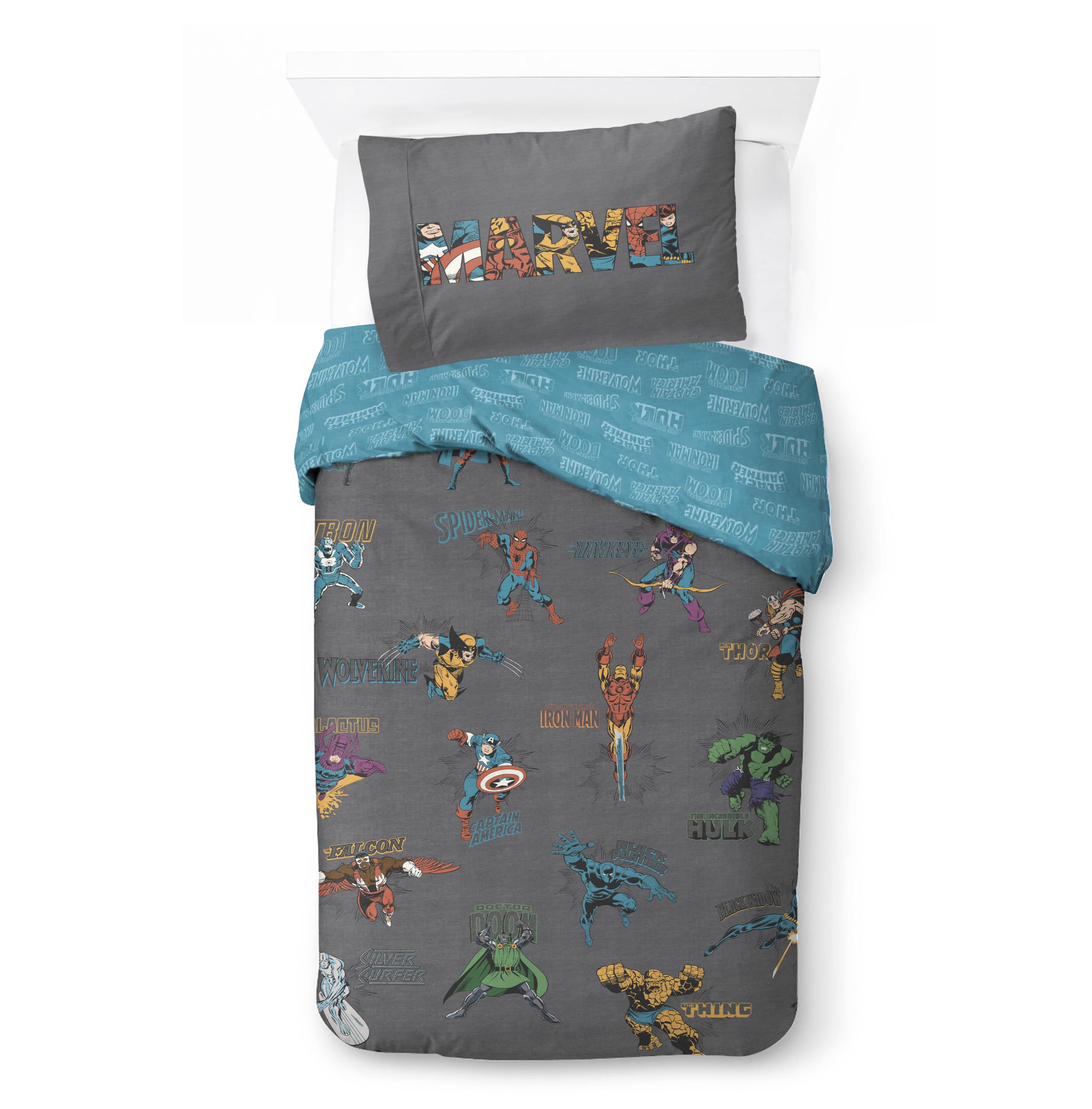 Jay Franco Children's Marvel Comics Single Duvet Cover Set – 100% Cotton Super Soft Bedding with Pillowcase, Official Licensed Product, Grey, 2 Piece Set