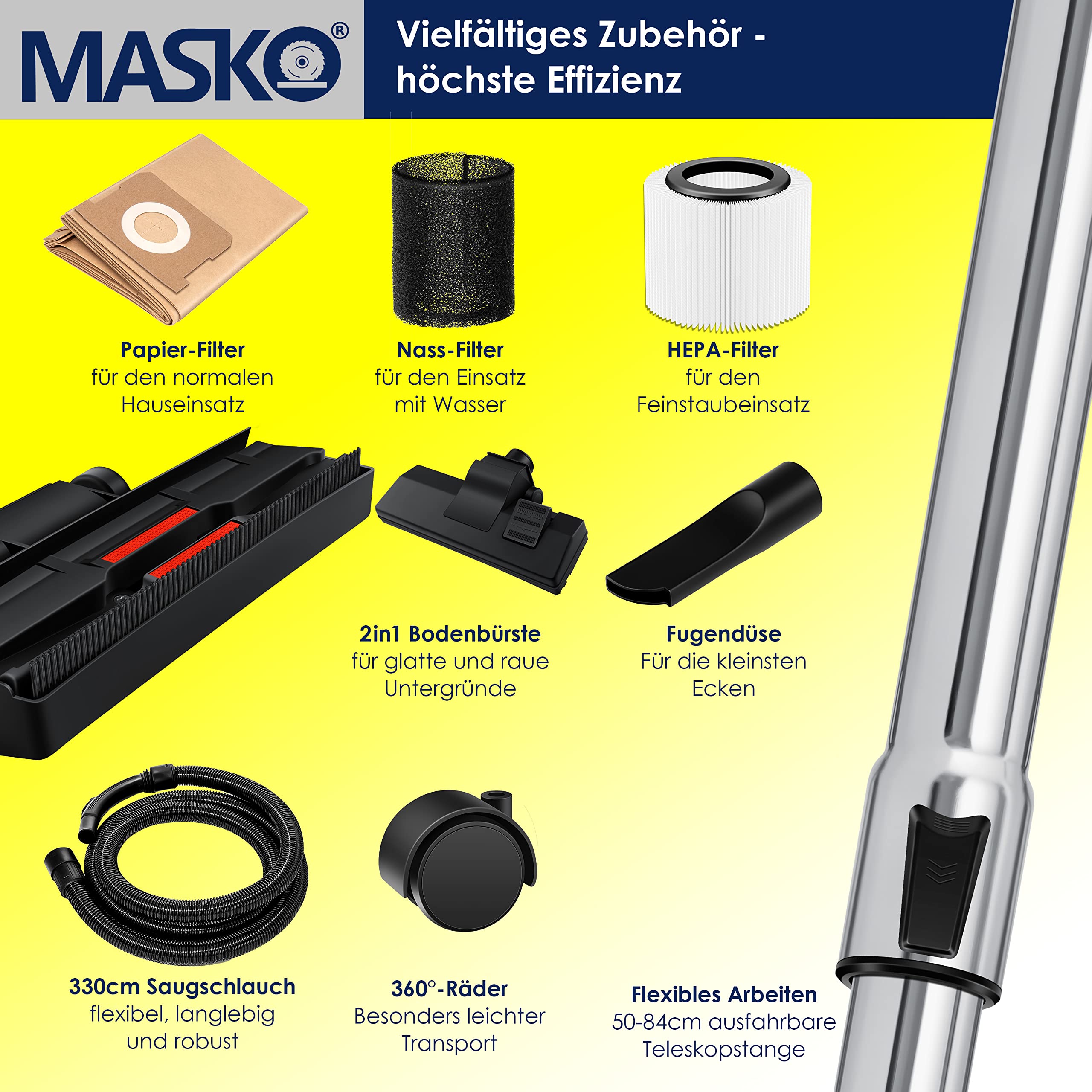 MASKO Industriestaubsauger Nass Trockensauger HEPA 1800W 30L 3 in 1 Filtersystem Push&Clean Gelb