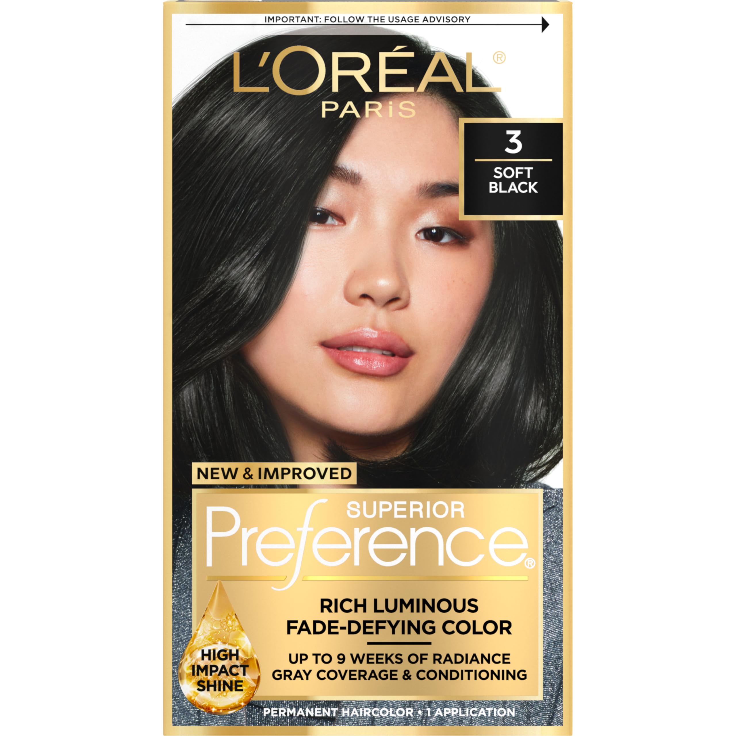 L'Oréal Paris Superior Preference Luminous Fade-Defying Permanent Hair Color, Hair Dye For Up to 9 Weeks of Radiance, Soft Black 3, 1 Hair Dye Kit