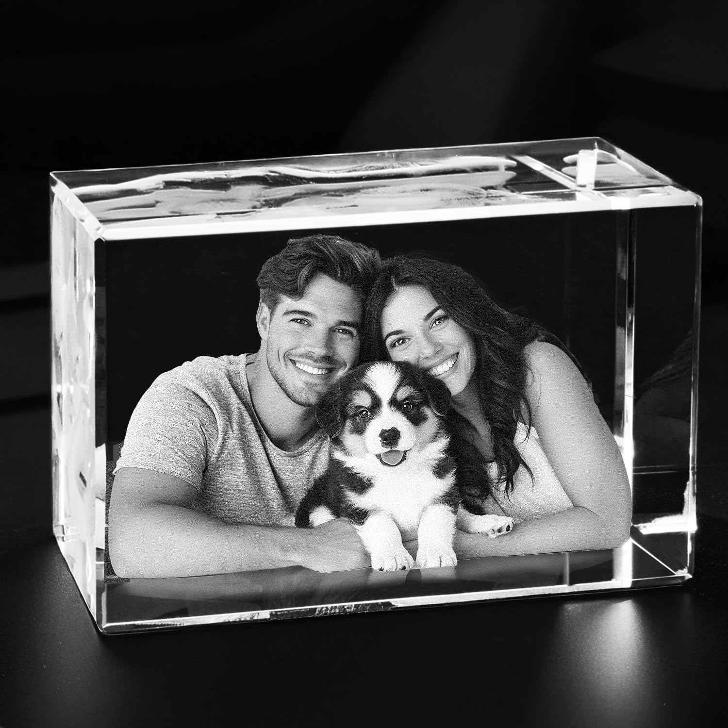 contento | 3D Glasfoto | Foto in Glablock gelasert | Hochwertiges Kristallfoto | Personalisiertes 3D Glas-Geschenk | (Glasblock, M Querformat (90x60x60mm) inkl. Sockel | bis 3 Personen/Tiere
