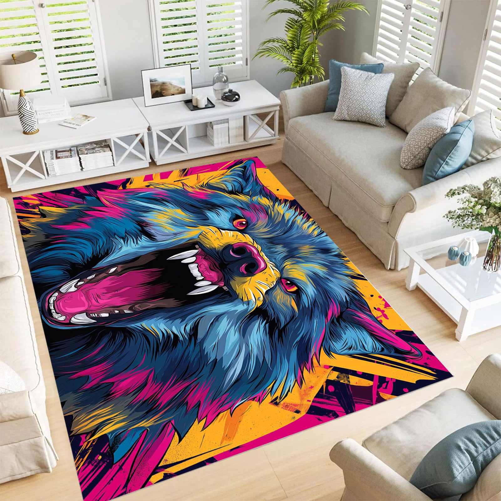 Tapis ext&eacute;rieur terrasse lavable bleu de 90x150 cm d&eacute;coration loup
