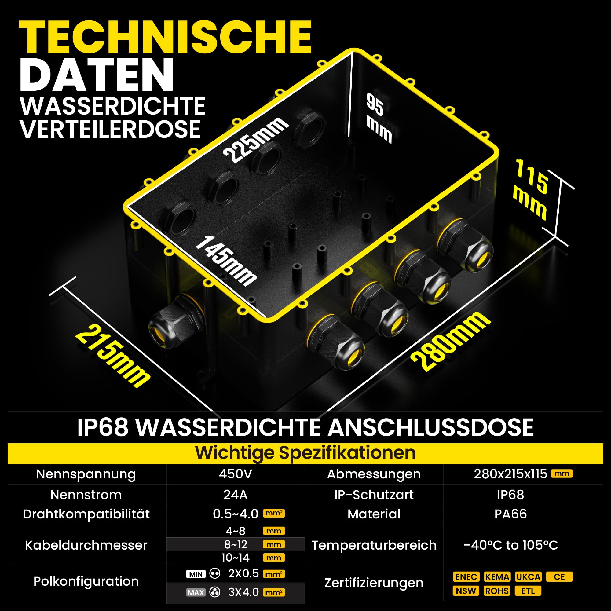 PEBA Abzweigdose IP68, Erdkabel Klemmdose Verbindungsdose, Übergroße 9 Wege Junction Box, Klemmkasten, Wasserdichte Kabelverbinder, Aufputz Verteilerdose Außen Wasserdicht, für 4-14 mm Kabel, Schwarz