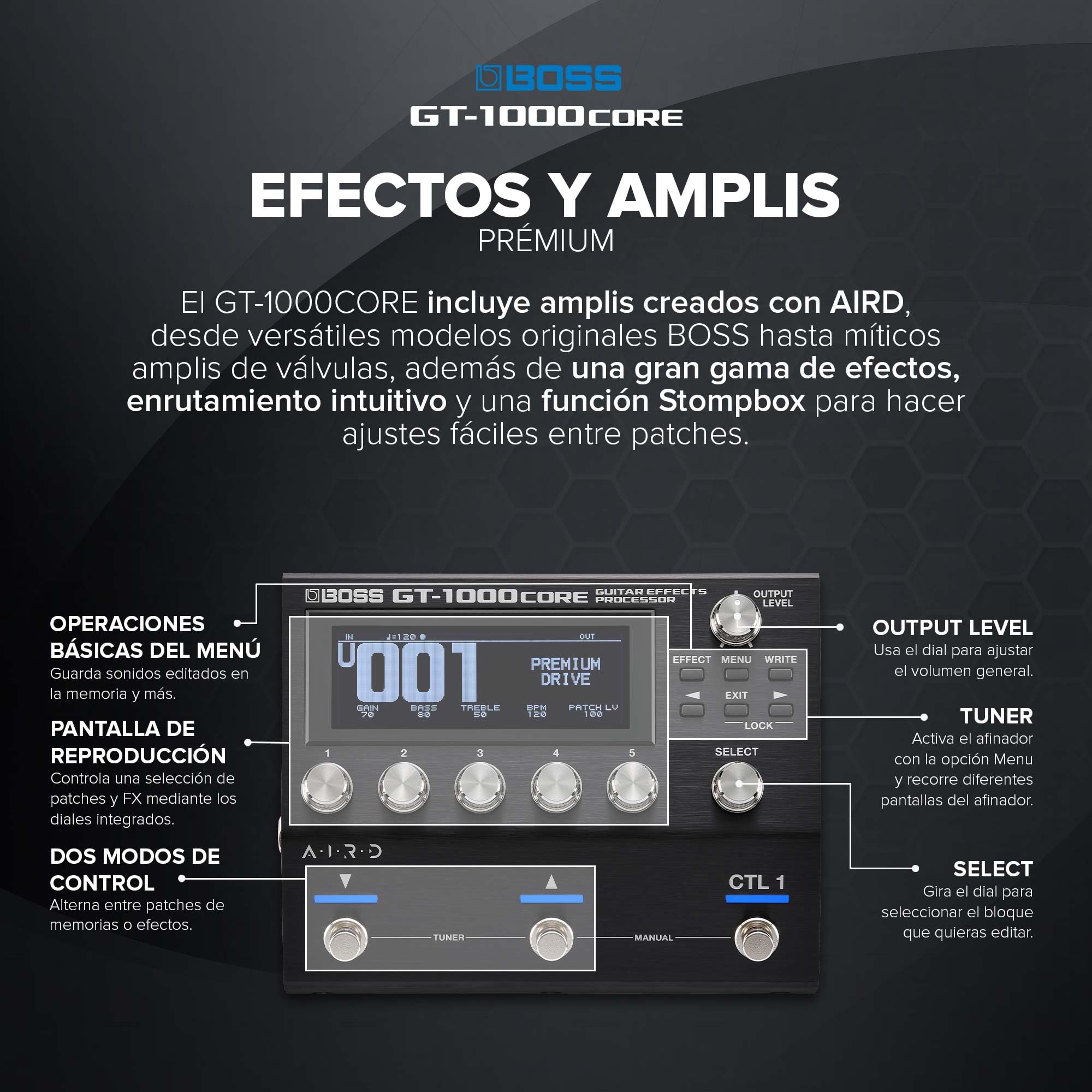 BOSS GT-1000CORE | Procesador de efectos de guitarra compacto | Amplis de guitarra ultraversátiles creados con AIRD | Efectos integrados prémium