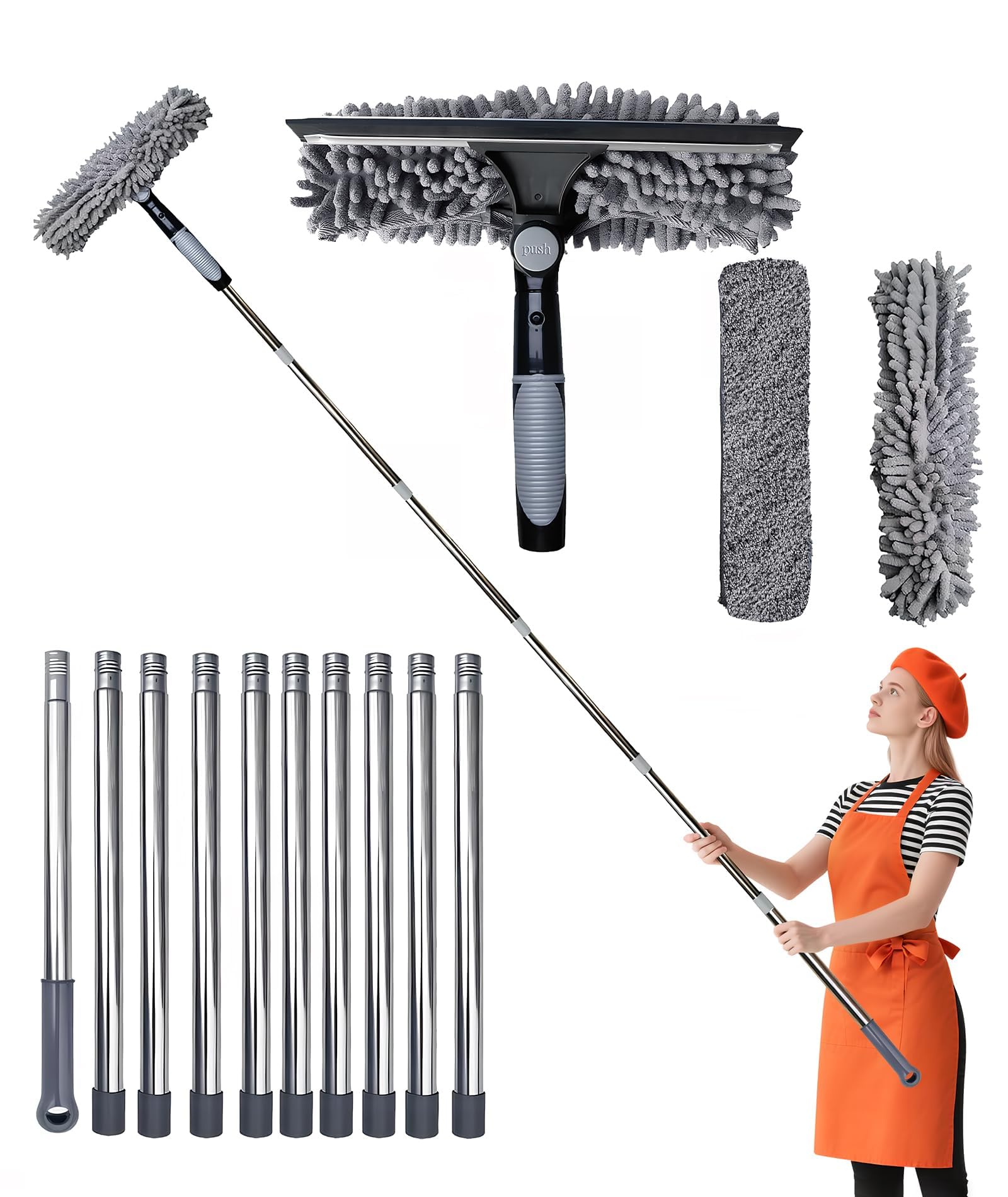 Window Cleaning Kit,14ft Telescopic Window Cleaner Window Cleaning Equipment with 10 Pole Long Handle 1 Wash Squeegee and 2 Scrubebr Heads, Car Window Cleaner Window Cleaner for Indoor/Outdoor/Wall
