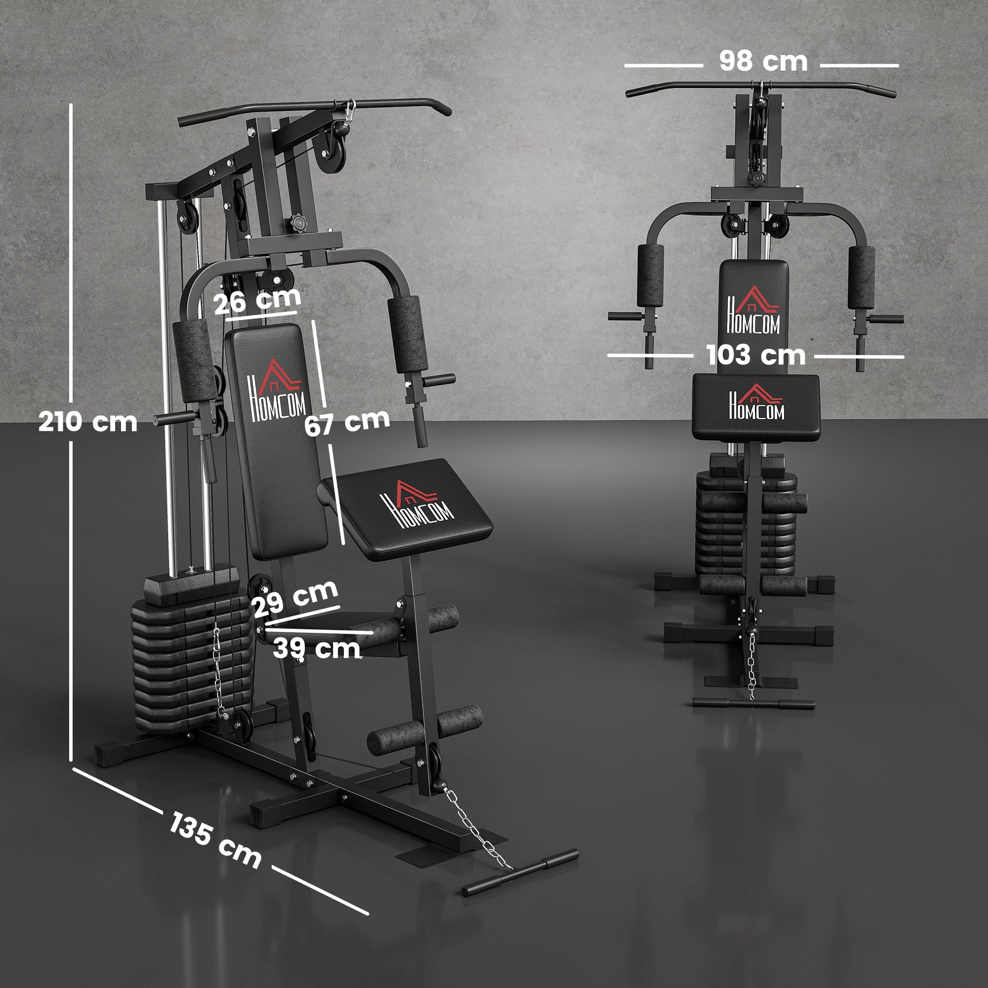 HOMCOM Stazione Fitness Multifunzione Power Tower con Pesi fino 45kg e Panca Imbottita per Allenamento a Casa e Professionale, per Chest Press, Lat Pull Down
