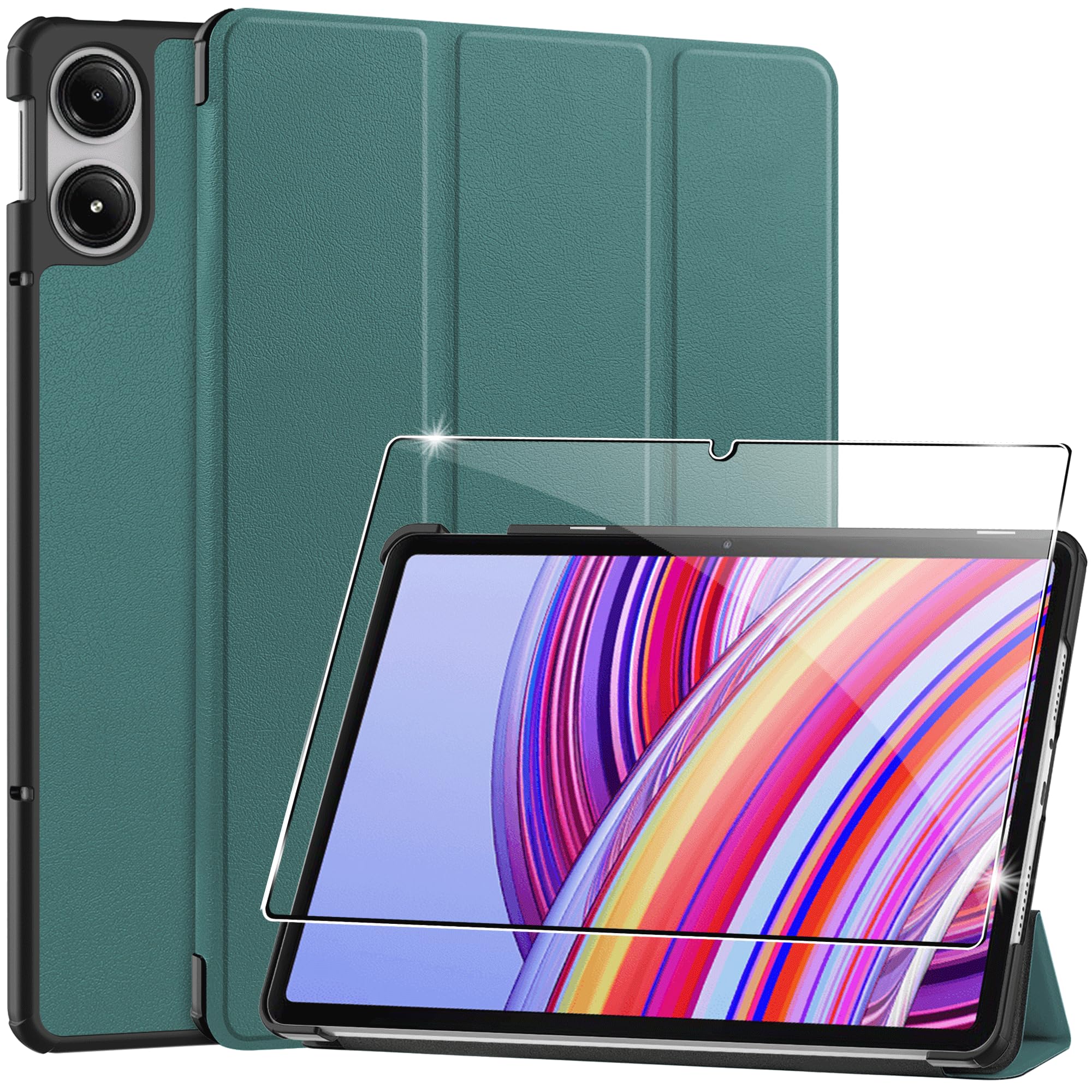 Heioloo Custodia per Xiaomi Redmi Pad Pro 12.1" Cover in Pelle Case, + [1 Pezzi] Vetro Temperato Pellicola Protettiva [Auto Svegliati/Sonno][Supporto Funzione ] [Anti-Scratch] Verde