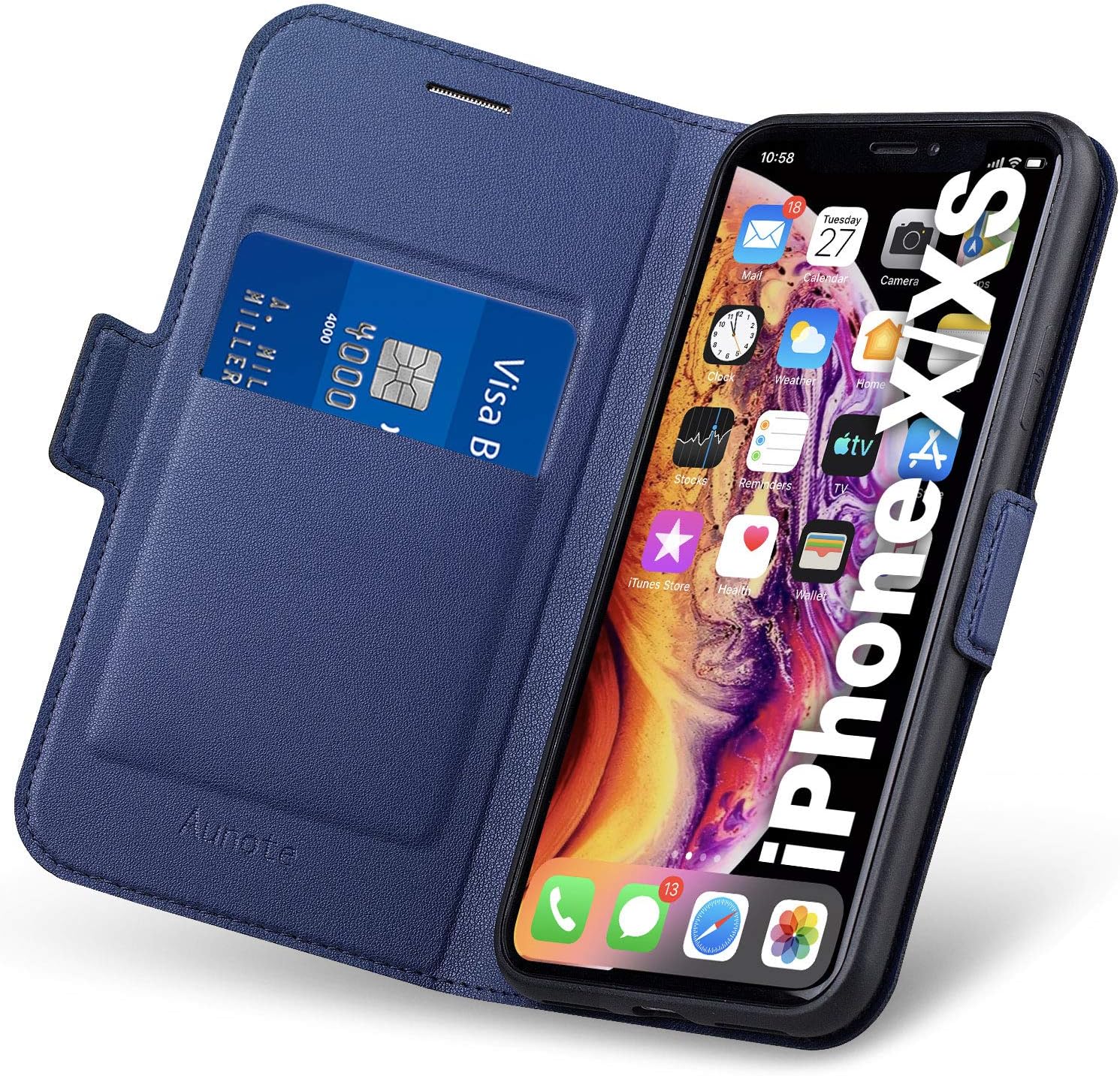 Aunote iPhone 10/X/XS Case, iPhone 10/X/XS Phone Case, Ultra Slim Flip/Folio Cover - Wallet Style: Made of PU Leather Shell (Lightweight, Feels Good) and TPU Inner - Provide Full Body Protection. Blue