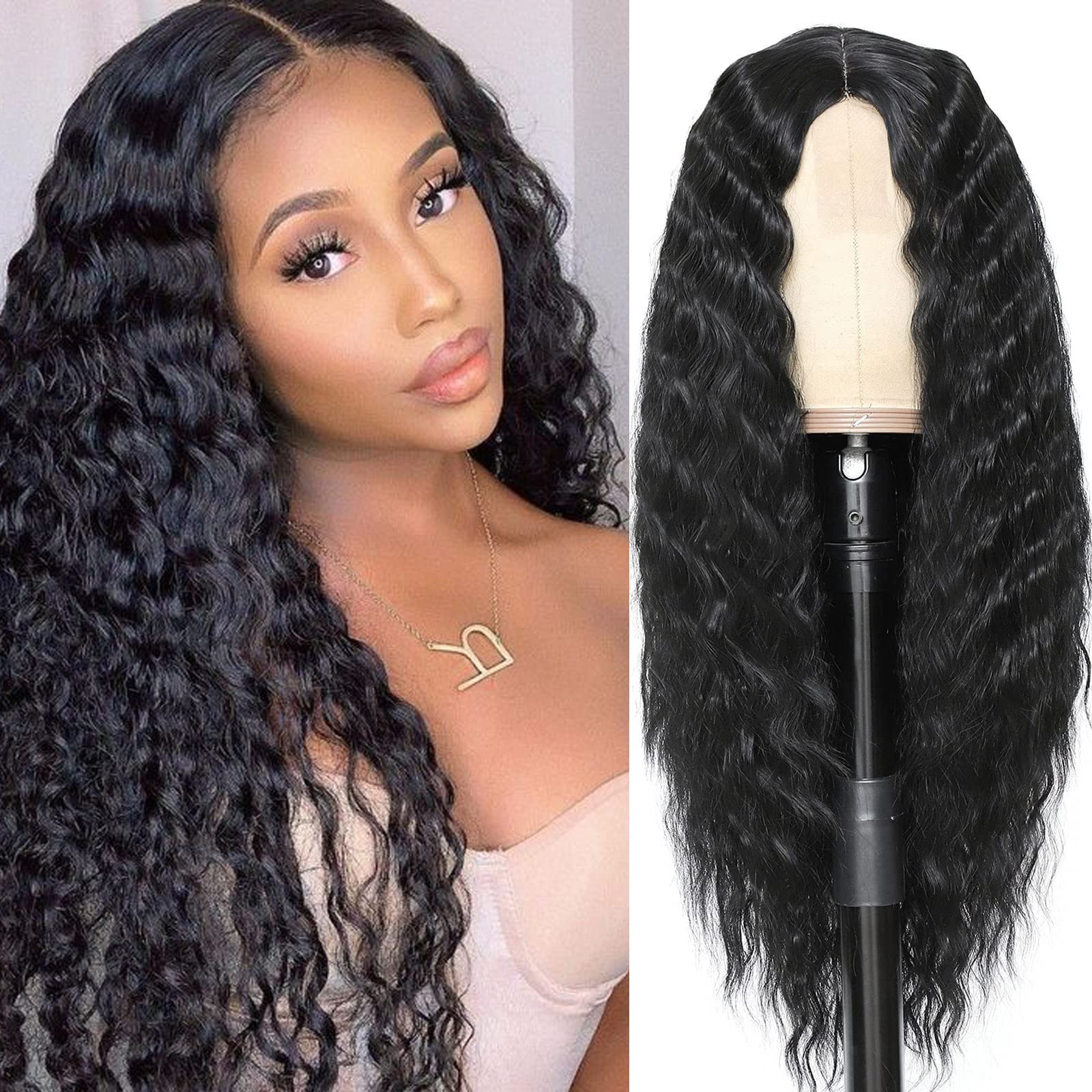 Water Wave Lace Front Wigs for Black Women Glueless HD Small Lace Frontal Wigs Pre Plucked Deep Wave Closure Wigs Curly Wave Wear and Go Synthetic Wig (22 INCH)
