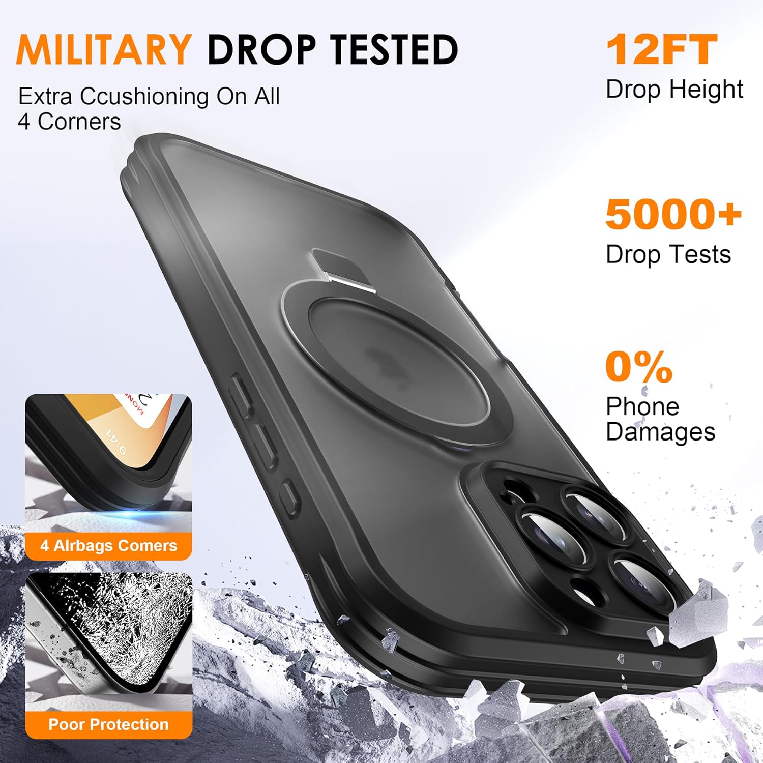 for iPhone 16 Pro Max Case with Invisible Magnetic Stand, Compatible with Mag-Safe Translucent Matte with Built-in Screen Protector, Shockproof Protective Phone Case for Women Men, Black