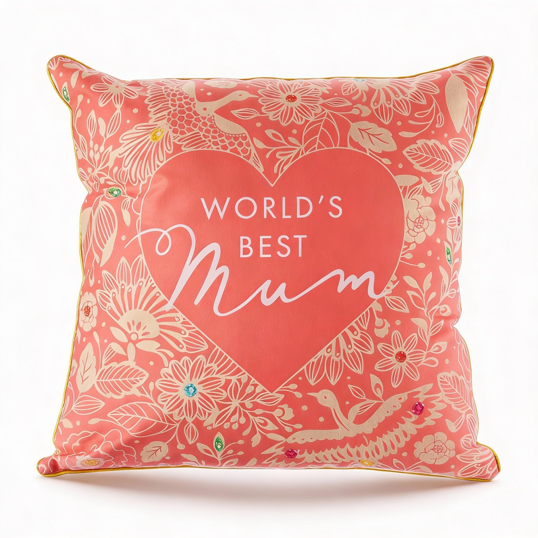 Hox Luxe Jewel Cushion 46 x 46cm – ‘World’s Best Mum’ Heart Design, Luxury Filled Decorative Cushion for Sofa, Lounge or Bedroom, Pink