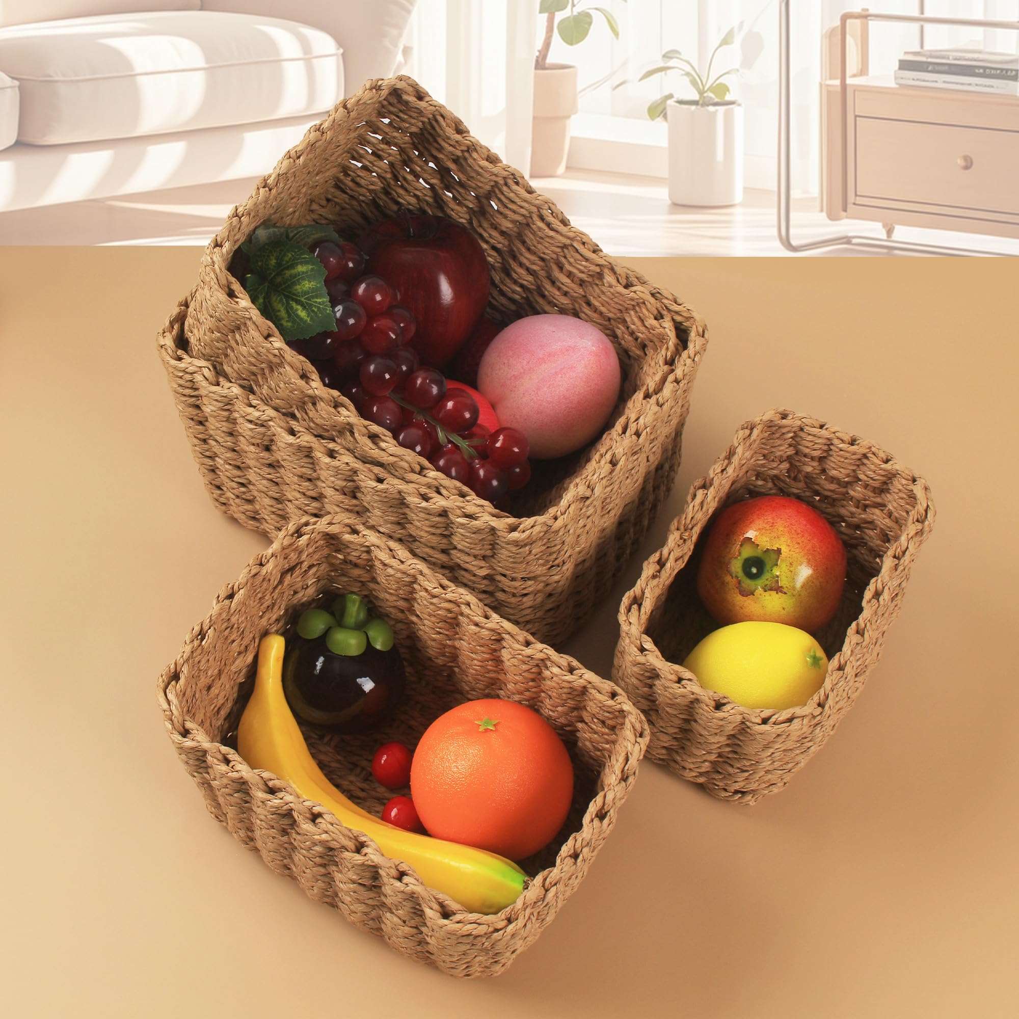 Set di 4 Cestini Portaoggetti, Cestini Organizer in Vimini Naturale, per Bagno, Armadio, Cucina o Cameretta