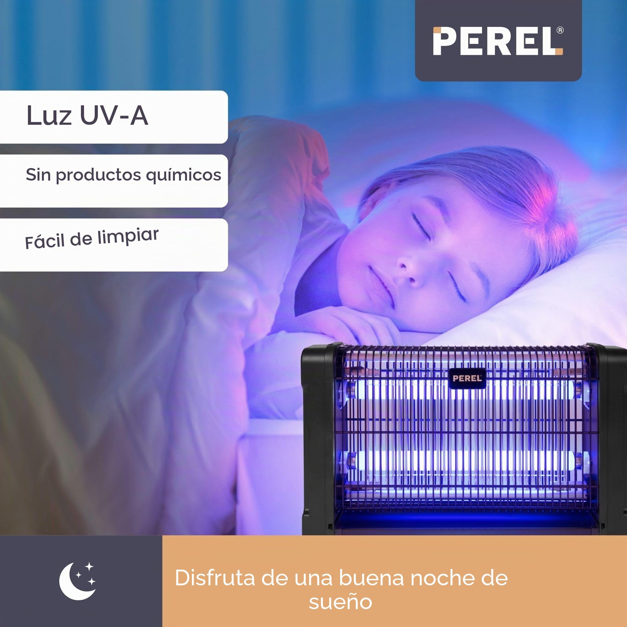 Perel Lámpara UV Mata Insectos eléctrica Interior, Rejilla 2800V, Dispositivo silencioso con Bandeja metálica extraíble, Cobertura 80 m², Control sin químicos