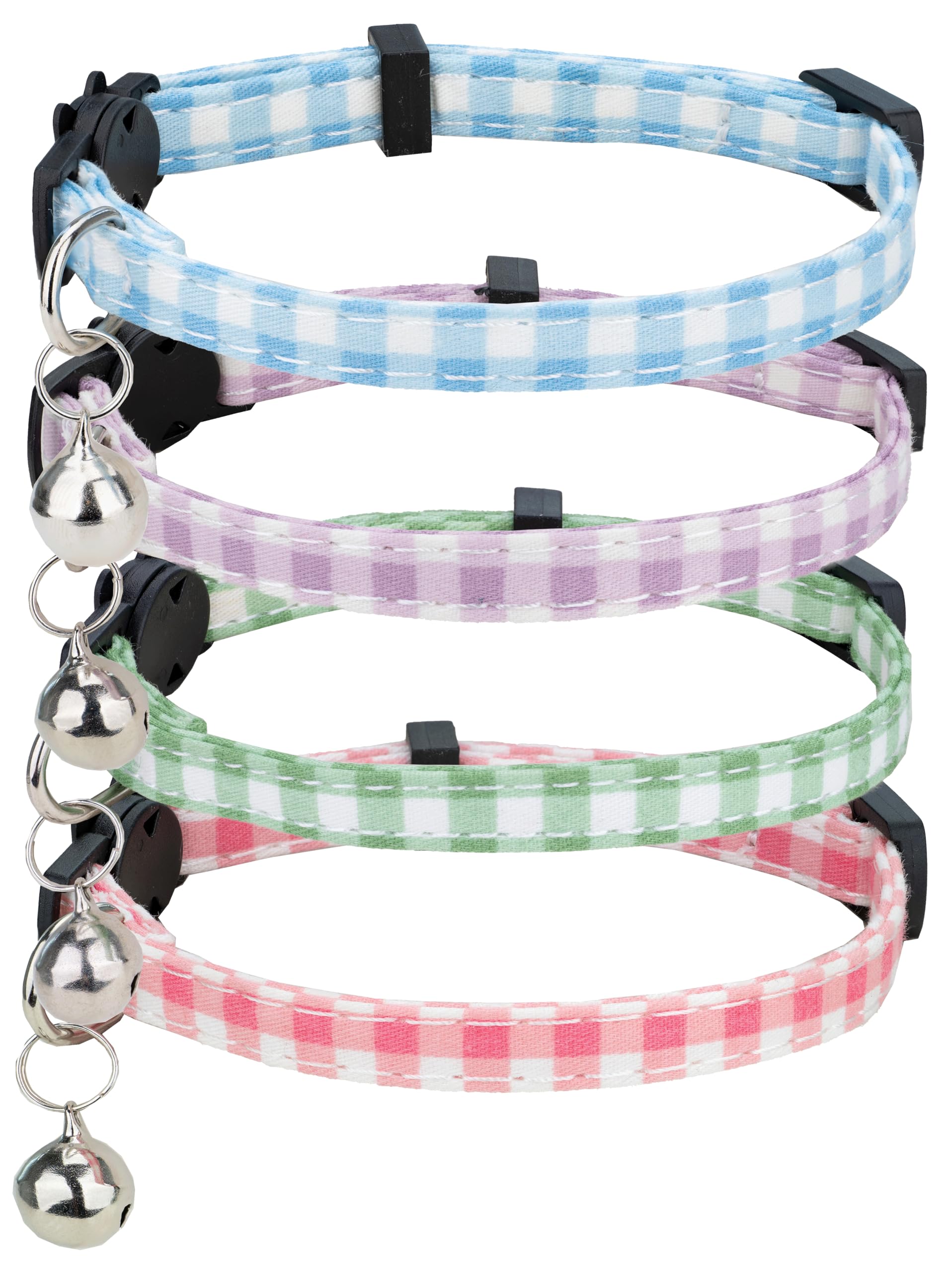Gyapet Cat Collar 4pcs Set Safety Breakaway Buckle with Bell Kitten 7-11" Cute Girl Boy Pet Basic Adjustable [4pcs] Plaid