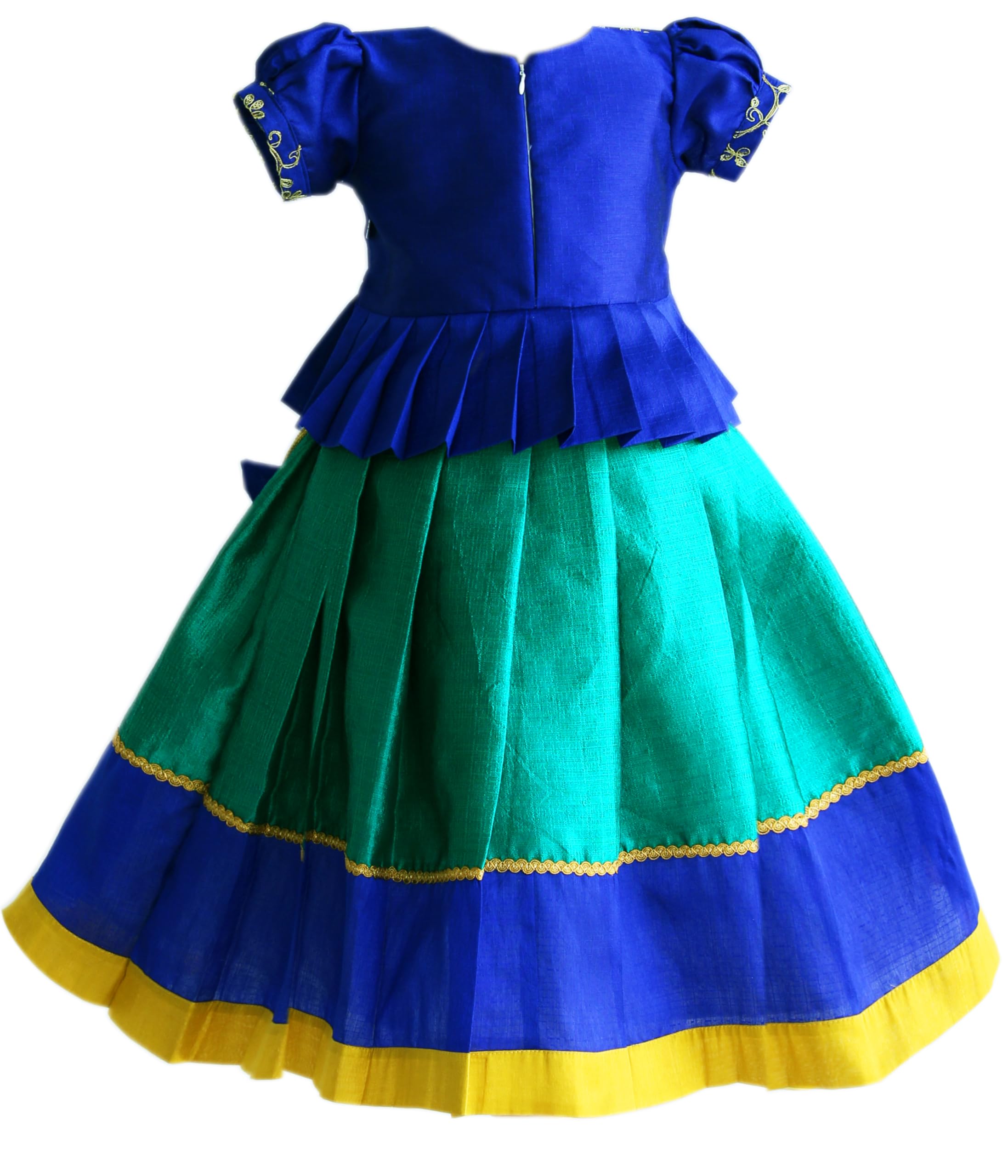 Stanwells Kids Rama Green & Royalblue Flared Dress Puff Sleeves Readymade Hand Sequins Embroidery Ethnic Traditional Full Length South Indian Baby Girls Silk Lehenga Choli (6–12 Months)