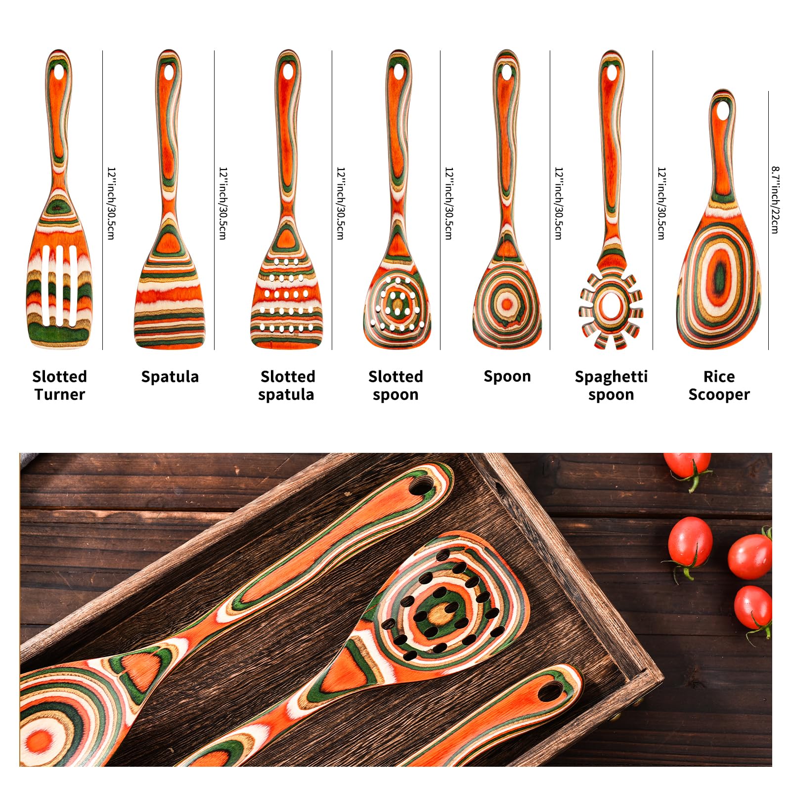 Gudamaye Pakkawood Holz-Kochutensilien, Holzlöffel zum Kochen, Holzlöffel-Set, Küchenhelfer-Set, Pakkawood-Küchenutensilien zum Servieren, Brautparty-Geschenke, 7-teilig