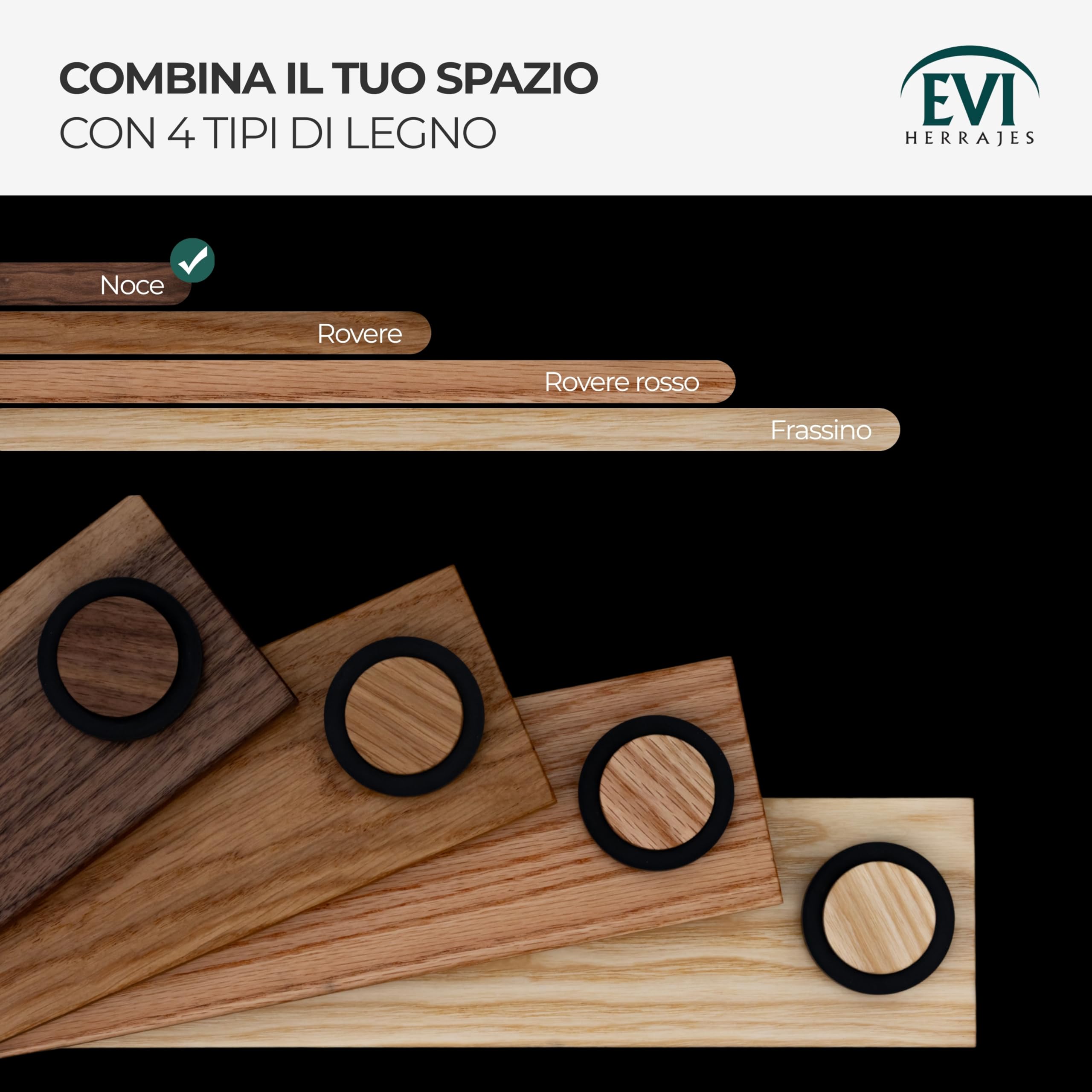EVI Herrajes | Fermaporta in Legno | Legno di Noce con Gomma Nera | Ø47x22mm | Installazione Adesiva | Ottimo per il parquet | Mod.20345X19