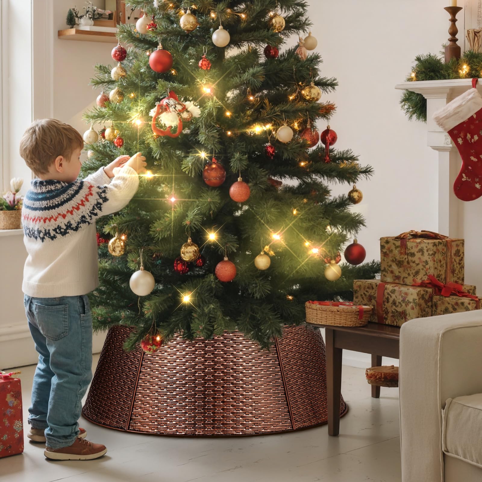 Lanpn Metal Collar Árbol de Navidad 70cm, Albero Natale Decorativo Christmas Tree Collar para Mediana M Árboles Artificiales Interior Exterior - Decoración Navideña (Cobre, Tejido Horizontal)