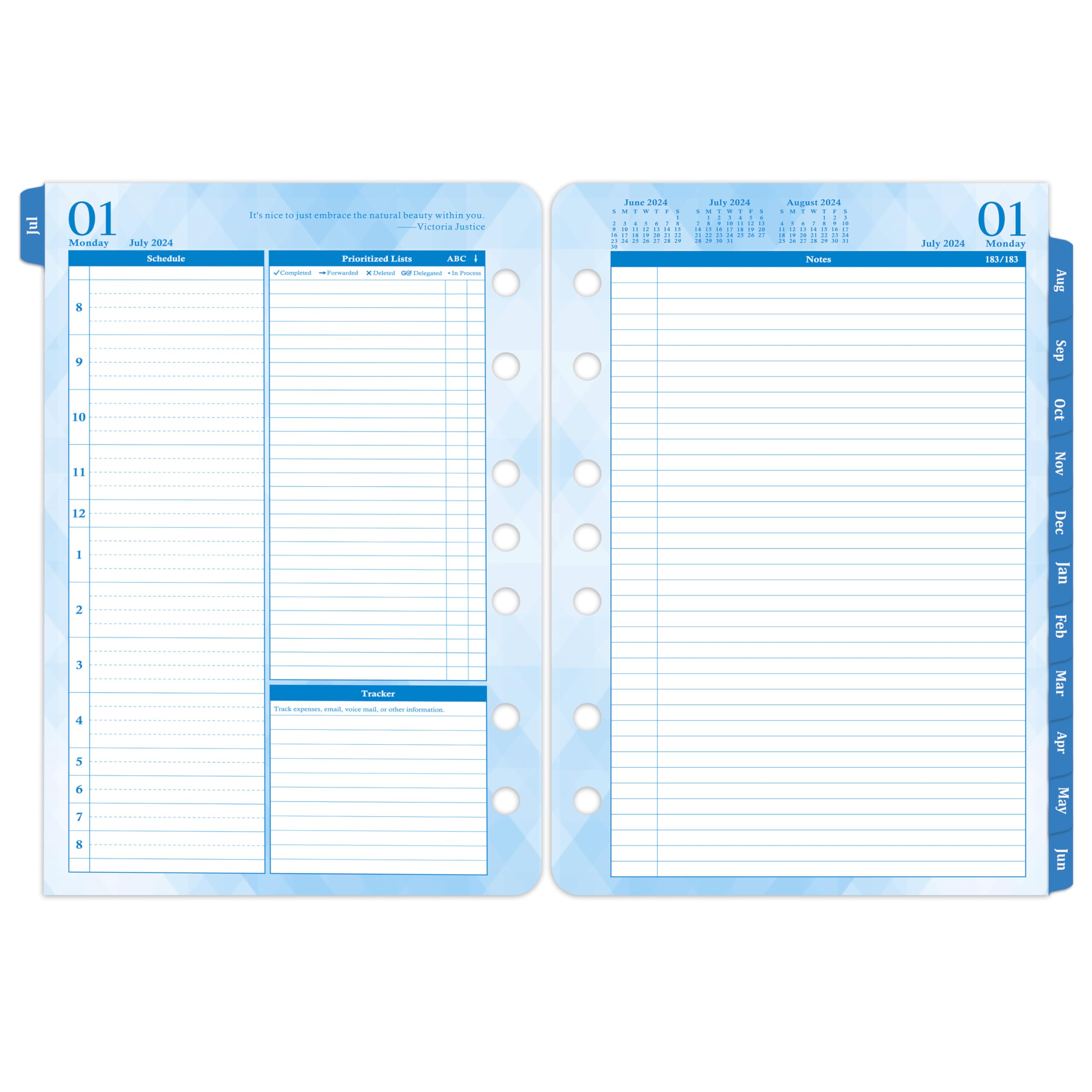 2024-2025 Planner Refills – Jul 2024 - Jun 2025, Two Pages Per Day Daily ＆ Monthly Planner, 5.5" x 8.4" Ring-Bound Organizer, Tabs, Quotes, Prioritized Task, Daily Tracker/Notes, Appointment Schedule