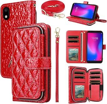 Argyle Wallet Case for ZTE Avid 579 Z5156CC with Crossbody/Wrist Strap Lanyard Luxury PU Leather Kickstand Zipper Purse Shockproof Cell Phone Cover for ZTE Blade A3 2020/A3 Joy Women Men Red