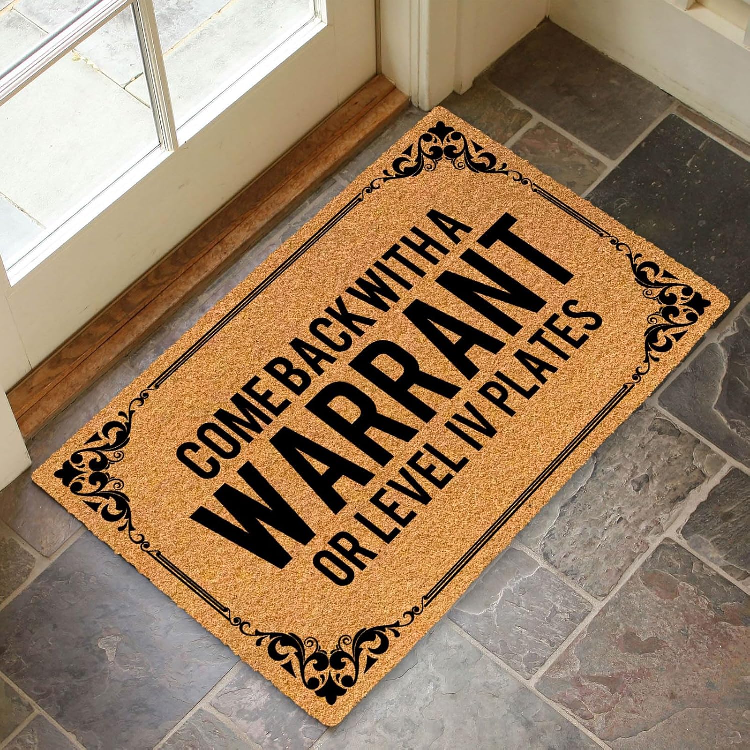 Funny Welcome Mat for Front Door Outside - Non-Shedding & Fade-Resistant - Come Back with a Warrant Doormat - Durable Rubber Backed Outdoor Mat for Porch & Entryway, 18 x 30 Inch