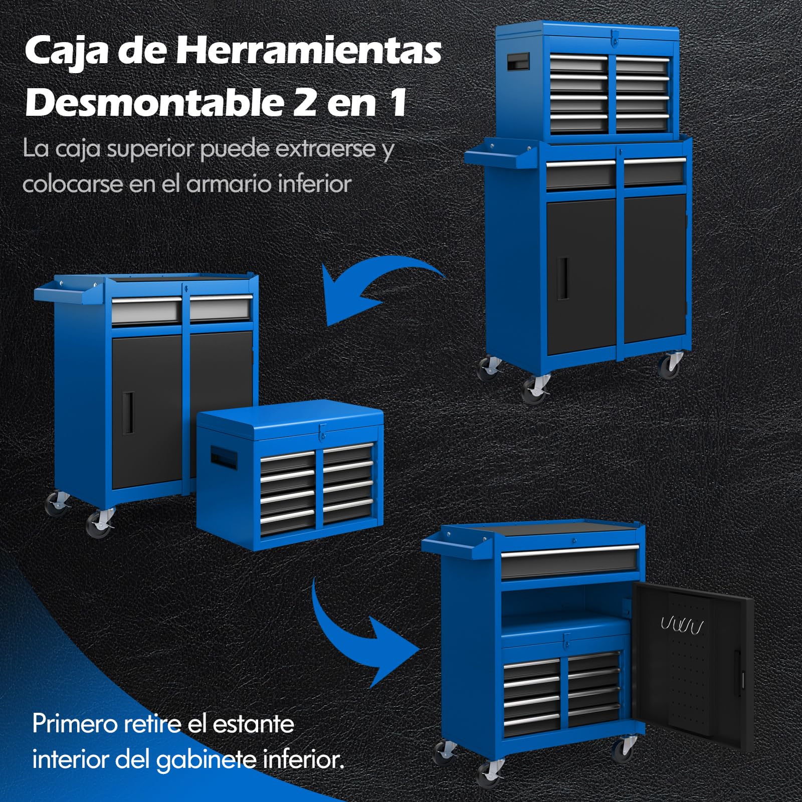 COSTWAY Caja para Herramientas Rodante de 5 Cajones, Armario para Herramientas de Gran Capacidad con Ruedas Bloqueables, Estante Ajustable y Forro Antideslizante para Garaje (Azul y Negro)