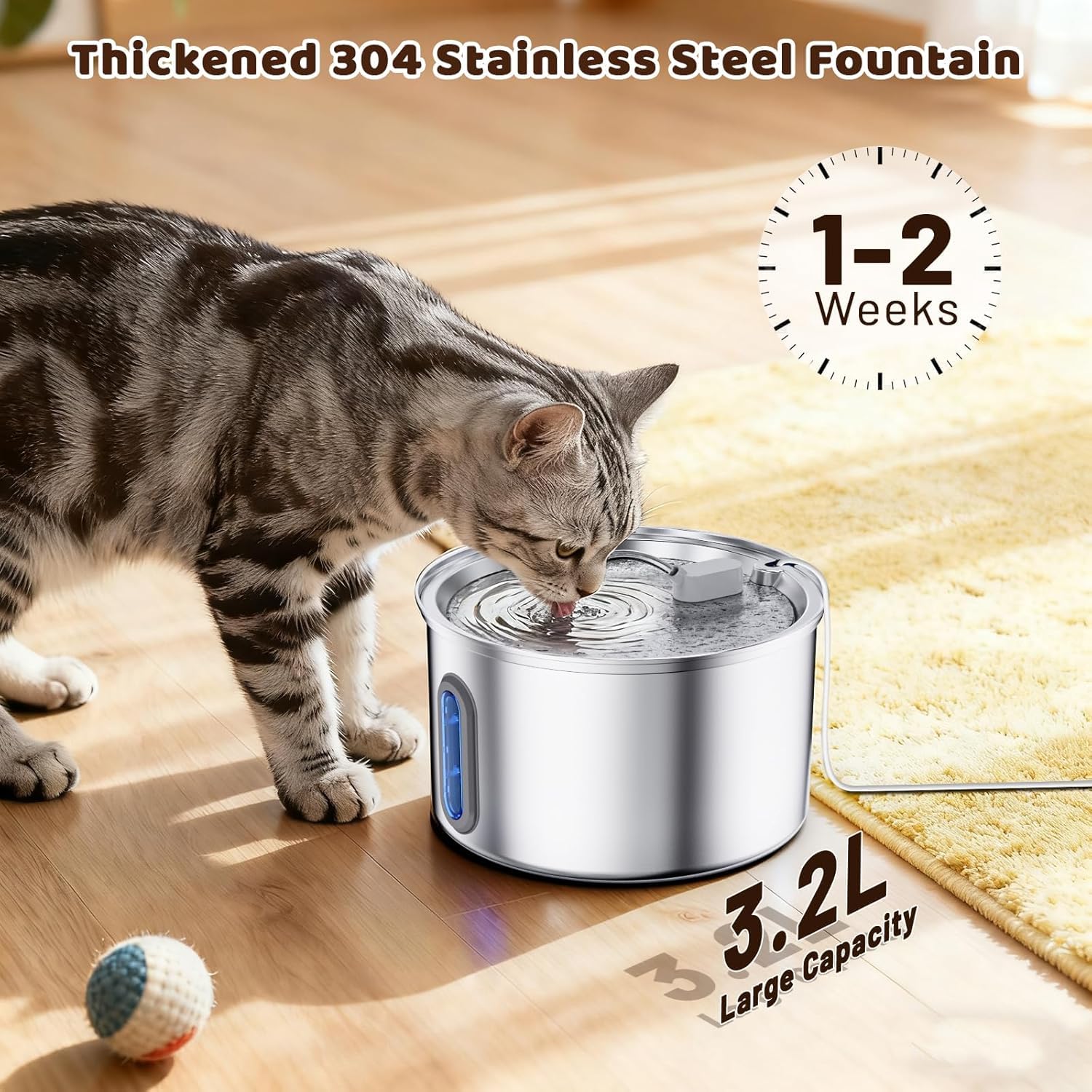Cat Water Fountain Stainless Steel, 3.2L/108oz Pet Fountains for Drinking with Smart Quiet Pump and Large Water Level Window, Easy-to-Clean Automatic Pet Water Dispenser for Indoor Use - image 7