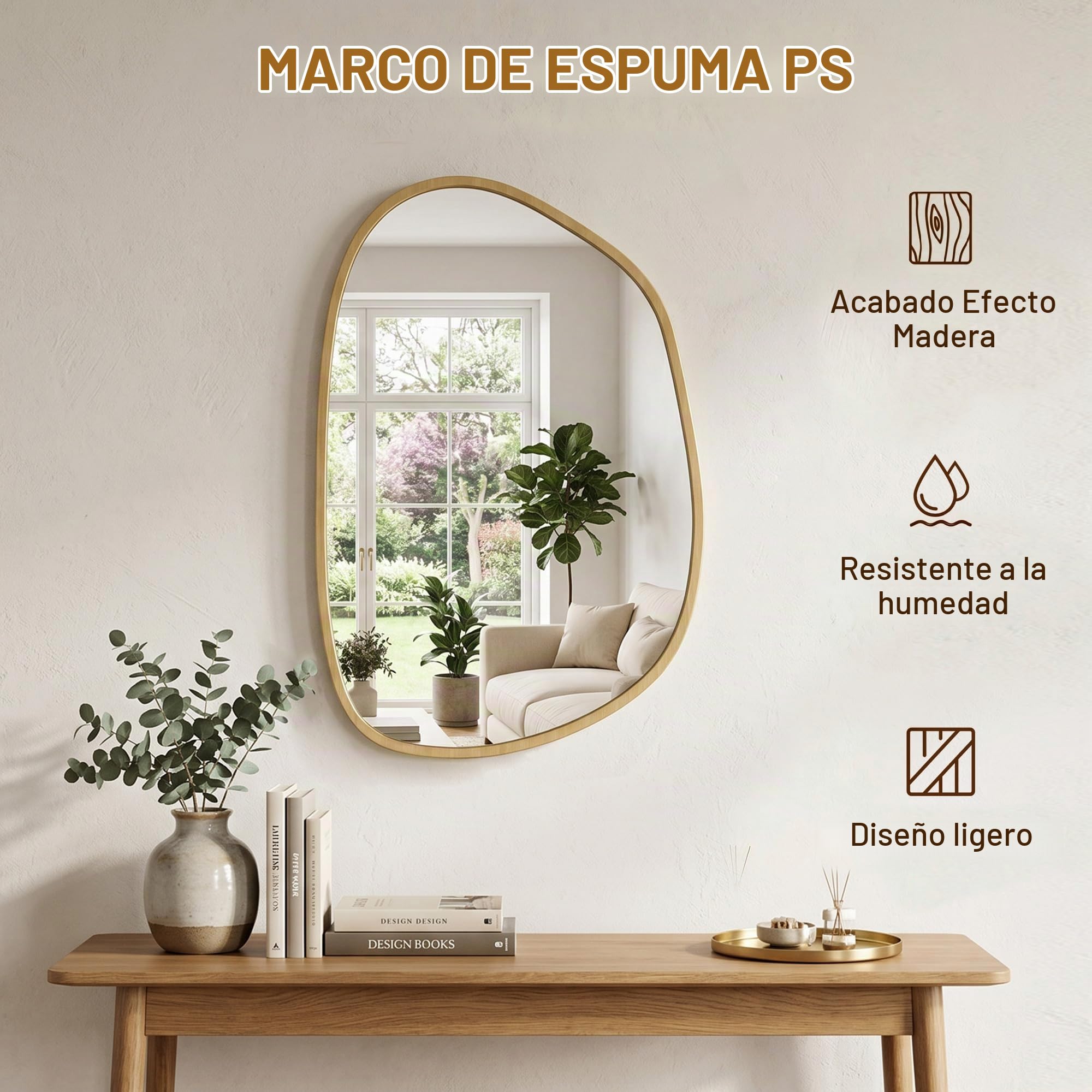 HOMCOM Espejo de baño asimétrico 90x60 cm Natural | Vidrio templado, decorativo, dormitorio, sala de estar, pasillo