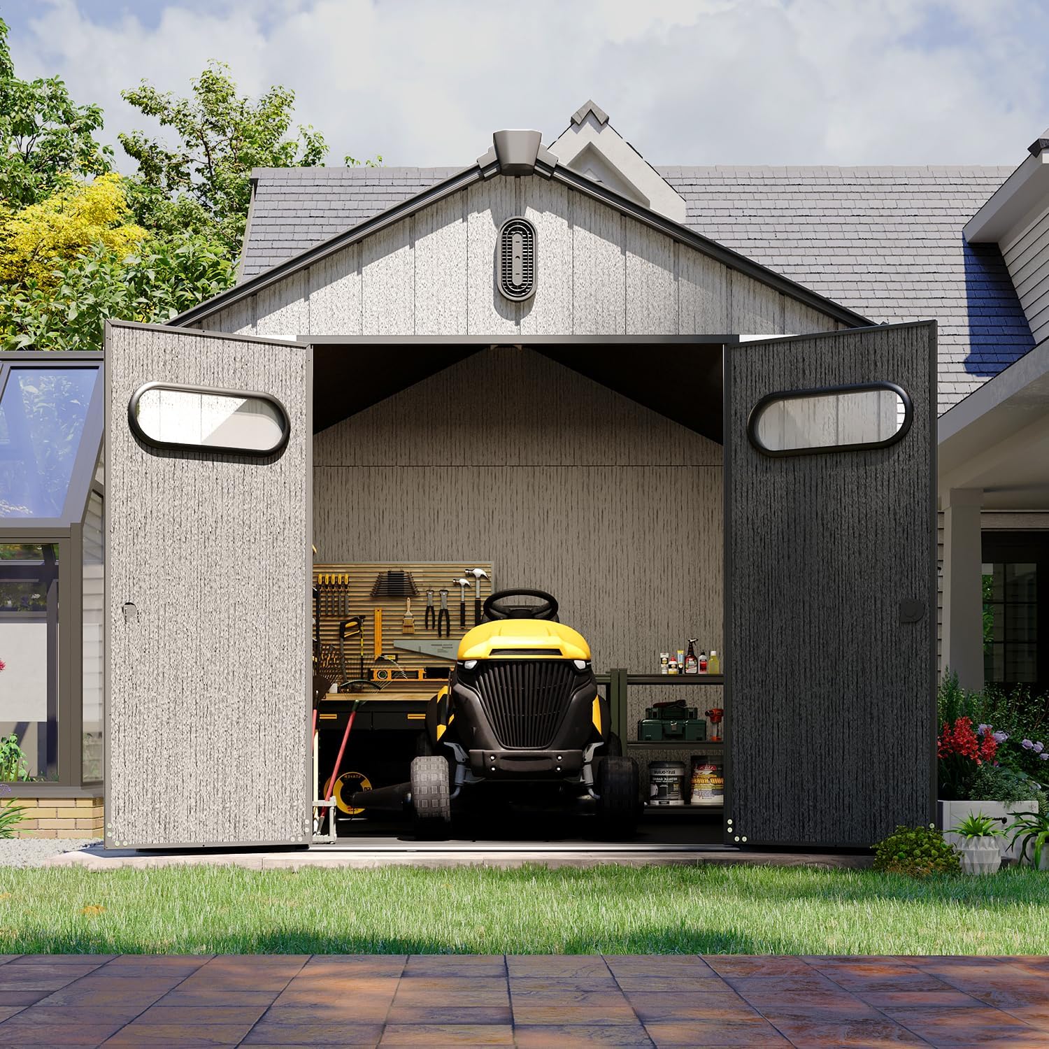 10’ x 8’ Outdoor Resin Storage Shed with Lockable Door, Durable Garden Tool Shed for Backyard, Patio & Lawn Storage, Gray Color