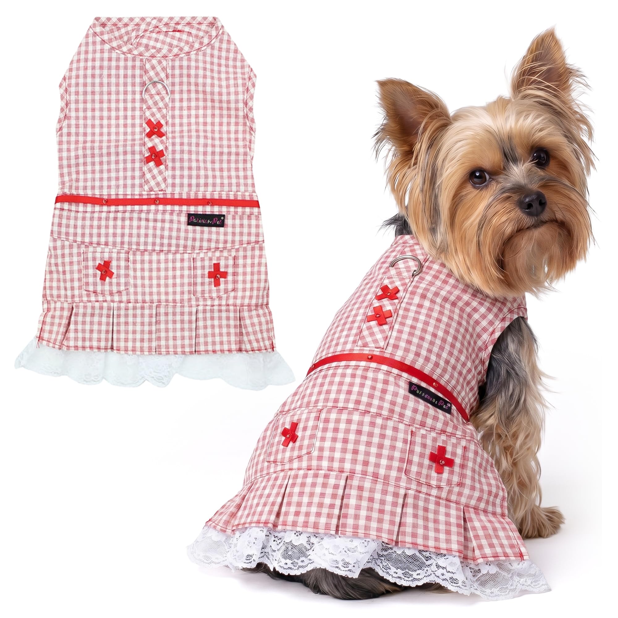 Parisian Pet Summer Dog Dress - Gingham Clothes for Small Dogs Girl - Countryside Pet Dress - Elegant Red Dog Outfit - Lightweight Puppy Clothes - Stylish Breathable Female Dresses for Dogs