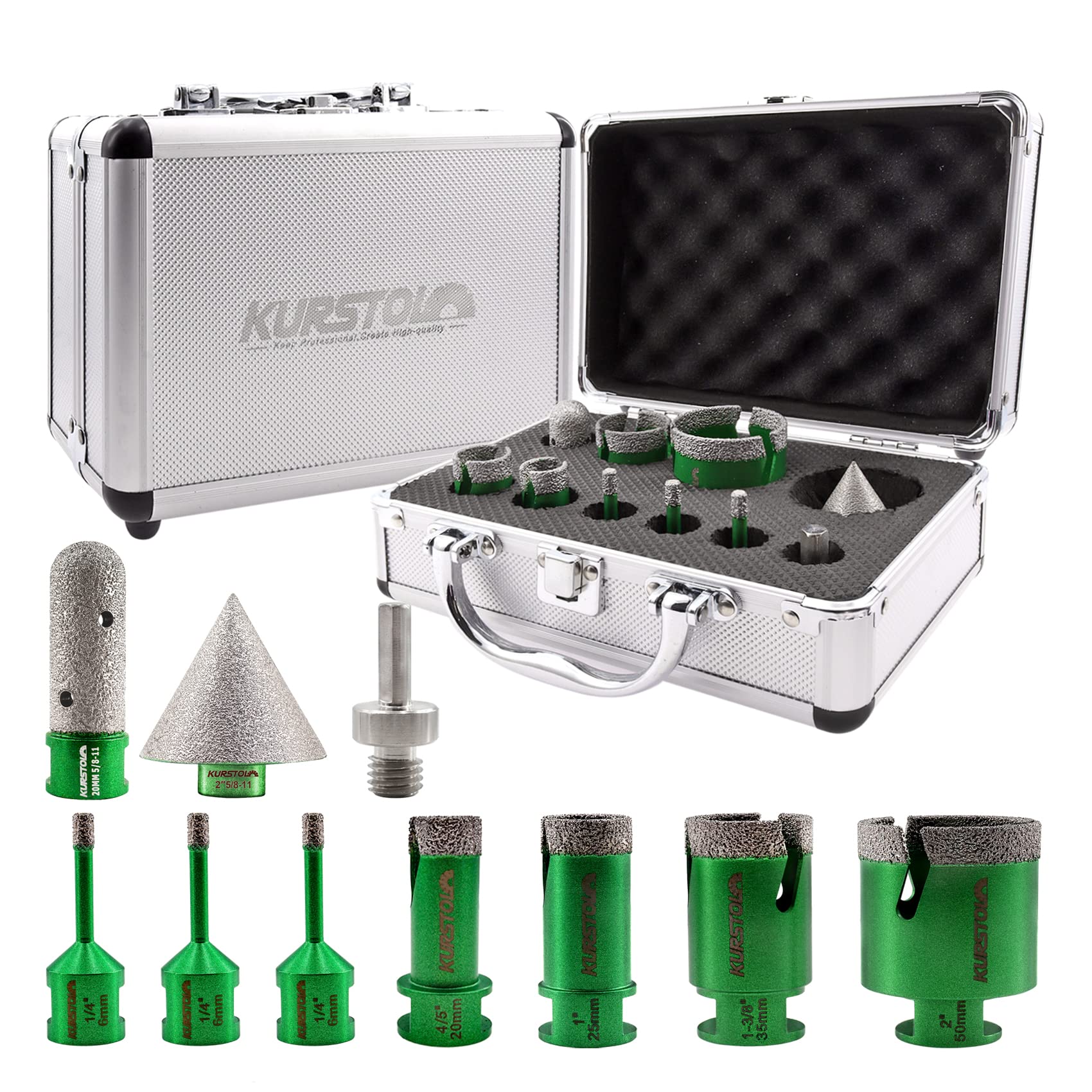 KURSTOL Diamond Core Drill Bits Kit - 7pcs 6/6/6/20/25/35/50mm+1pc 2" Beveling Chamfer Bit+1pc 3/4" Finger Milling Bit+Triangle Adapter to 5/8-11"