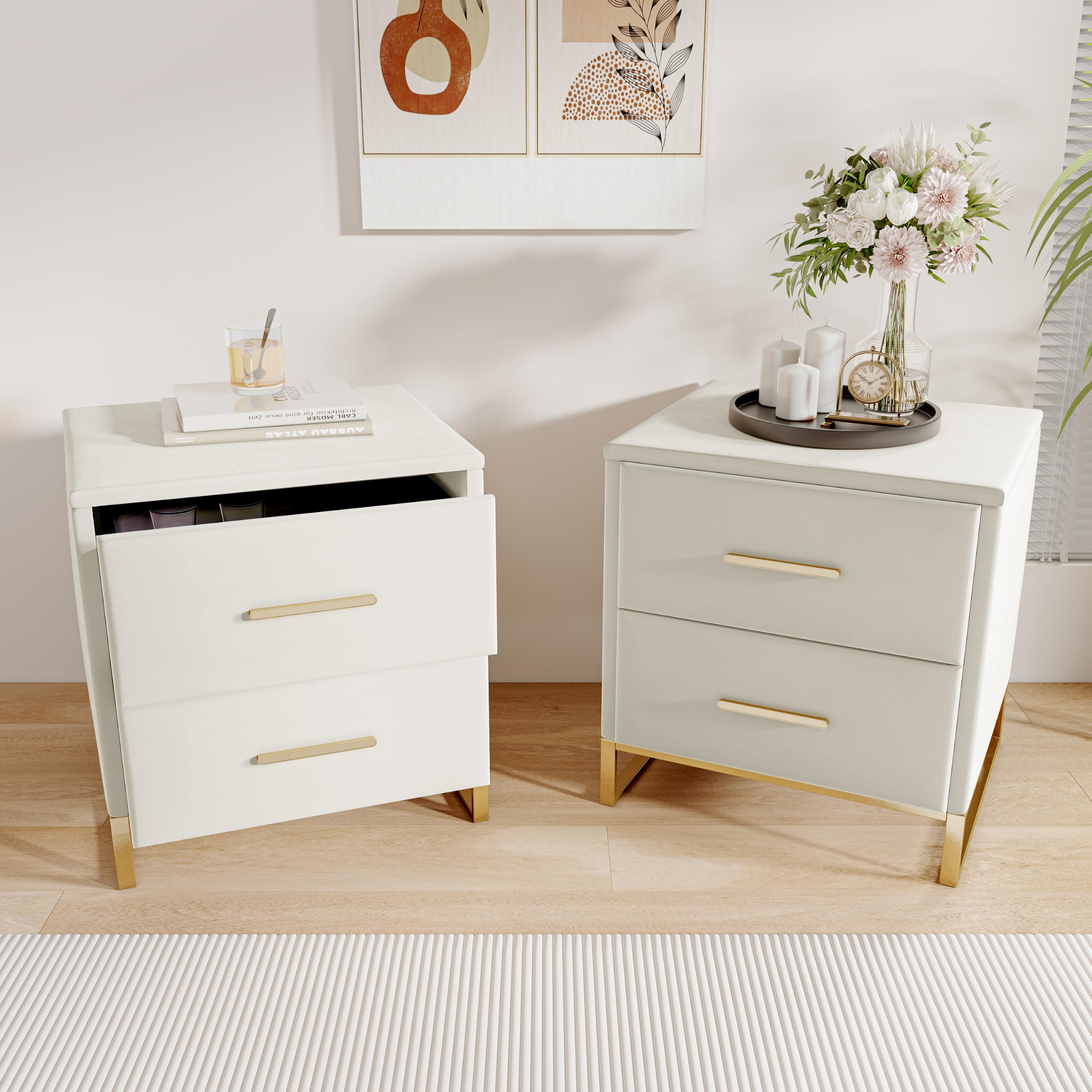 Nachttisch 2er Set, Nachtkommode Nachtschrank Mit 2 Schubladen, Metallgriff, Metallbeine, Modern Nachtkästchen, Sofatisch Beistelltisch Für Boxspringbett Schlafzimmer Wohnzimmer Büro, Samt, 40x40x50cm Küche, Haushalt & Wohnen