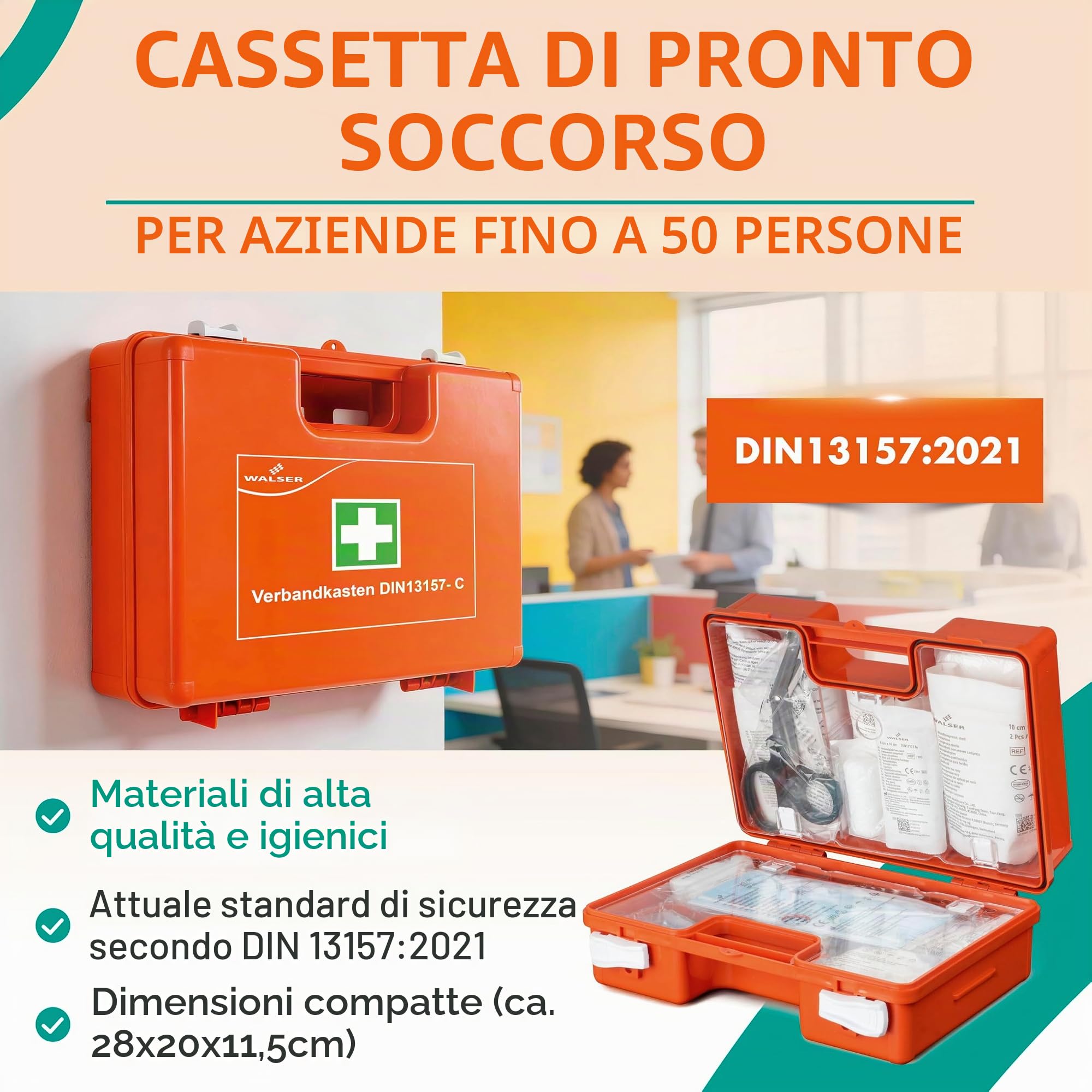 WALSER cassetta di pronto soccorso conforme alla norma DIN 13157:2021, cassetta aziendale, kit sanitario da 84 pezzi
