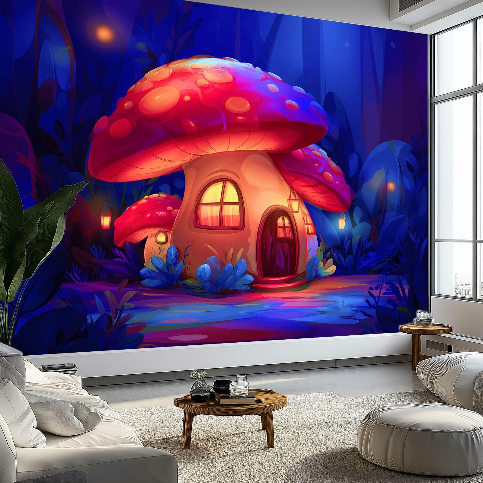Panoramiczny styl marzycielski tapeta mural 300 x 210 cm (szer. x wys.), plakat ścienny las kreskówka grzyb dom fototapeta mural efekt 3D, plakat dekoracja do sypialni salonu korytarza