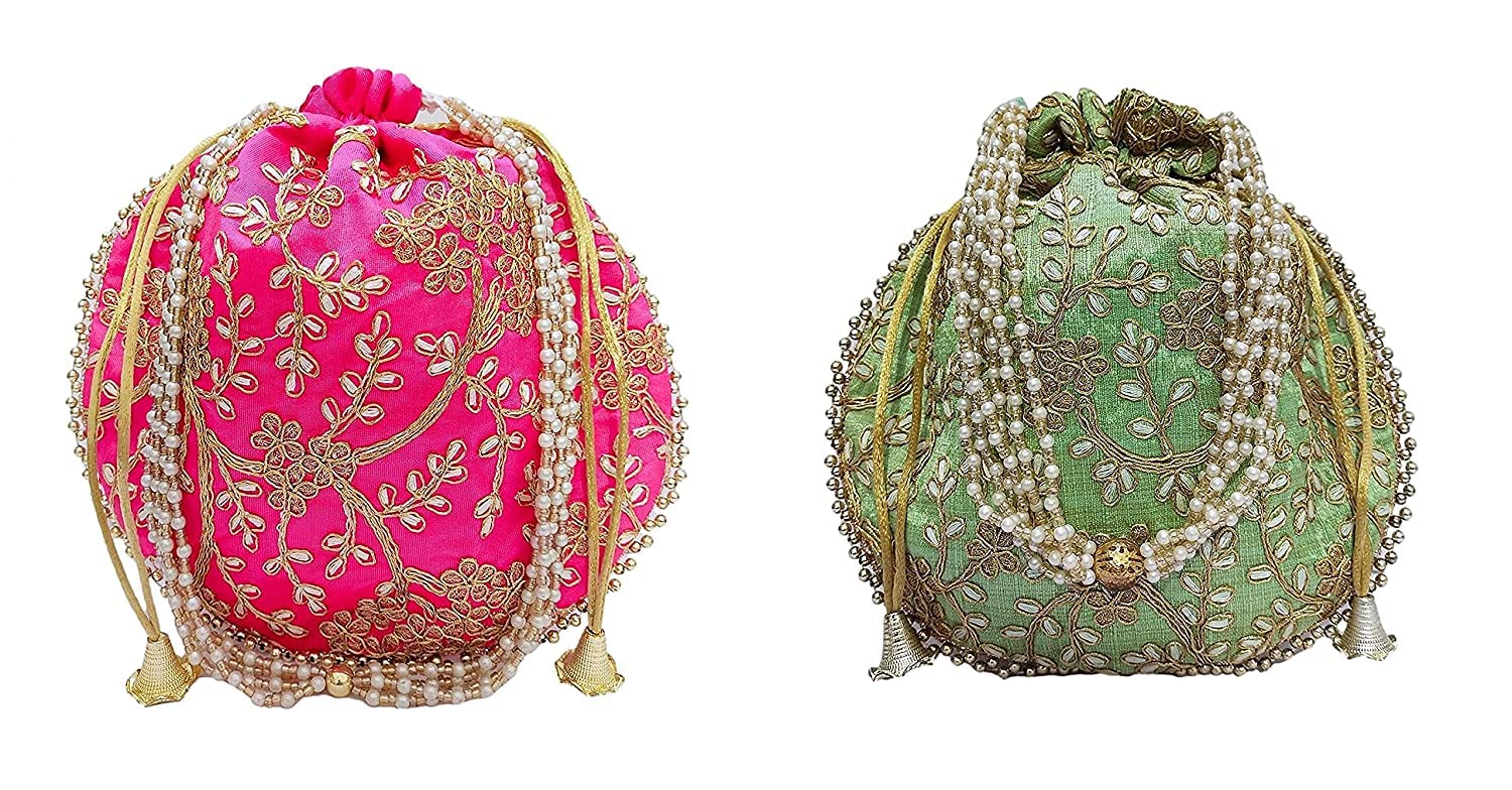 Potli bag (Pack of 2 Potli) Parrot Green and Rani Matka Designer Potli handbags for Women and Girls wedding party and Return gift-image-36