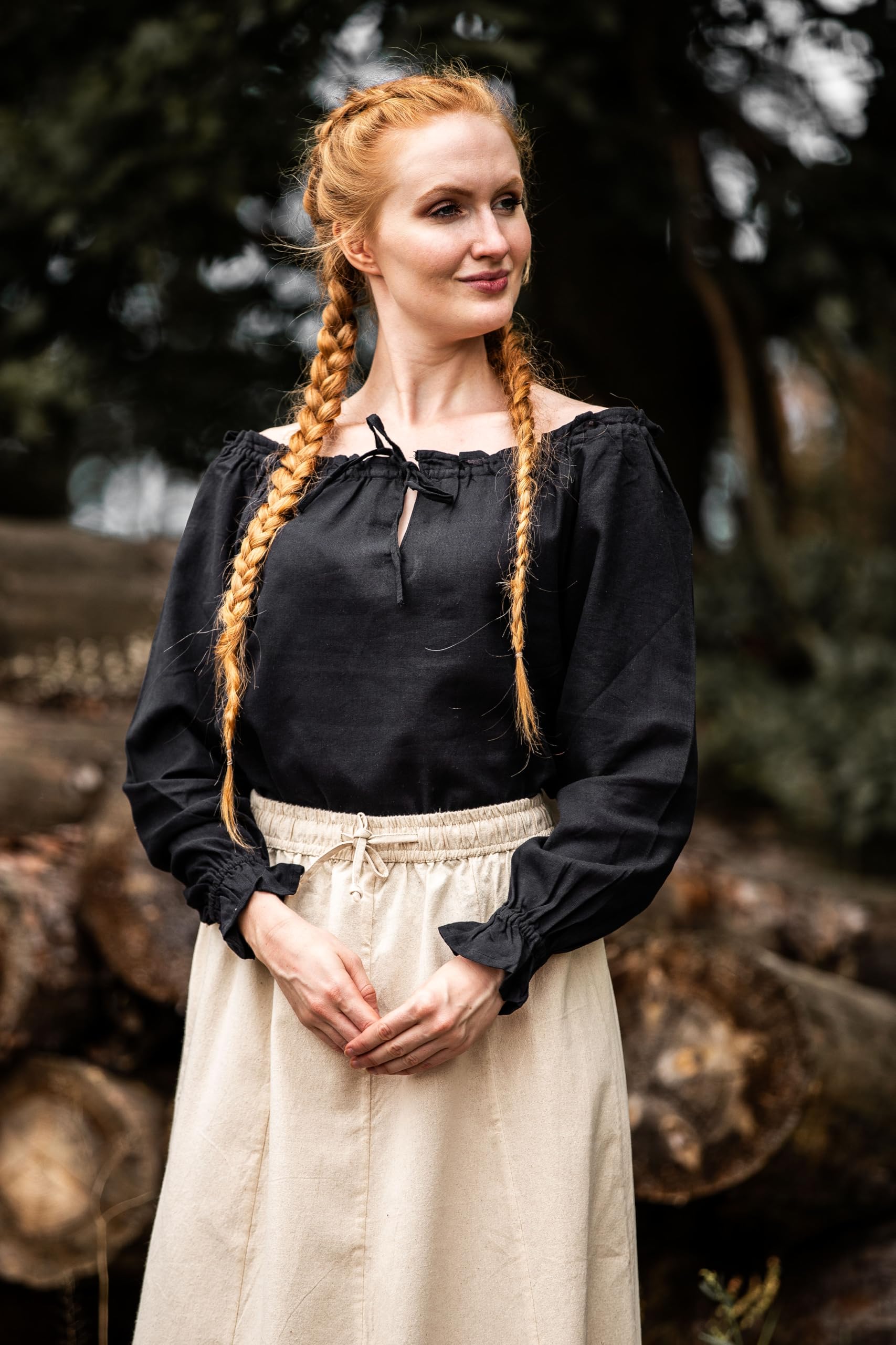 Leonardo Carbone® Damen Bluse Mittelalterbluse Edith | Offenschulterig | Rüschenärmel | Karneval, Halloween, Cosplay, LARP, Kostüm, Mittelalter, Festkleidung | 100% Baumwolle Schwarz L