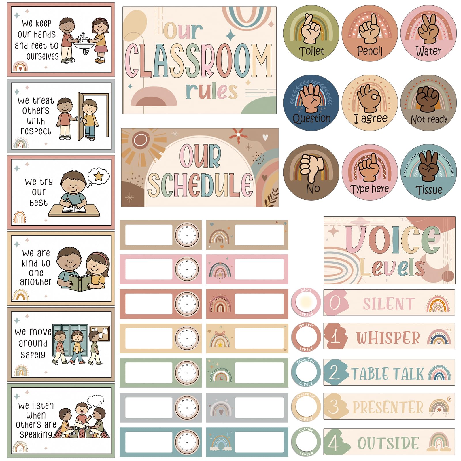 Zestaw narzędzi do zarządzania klasą boho, poziom głosu, światło pchane i wykres, klasa reguła, edukacja, plakat, karta sygnałowa, dzienny wykres harmonogramu na powrót do szkoły, przedszkola