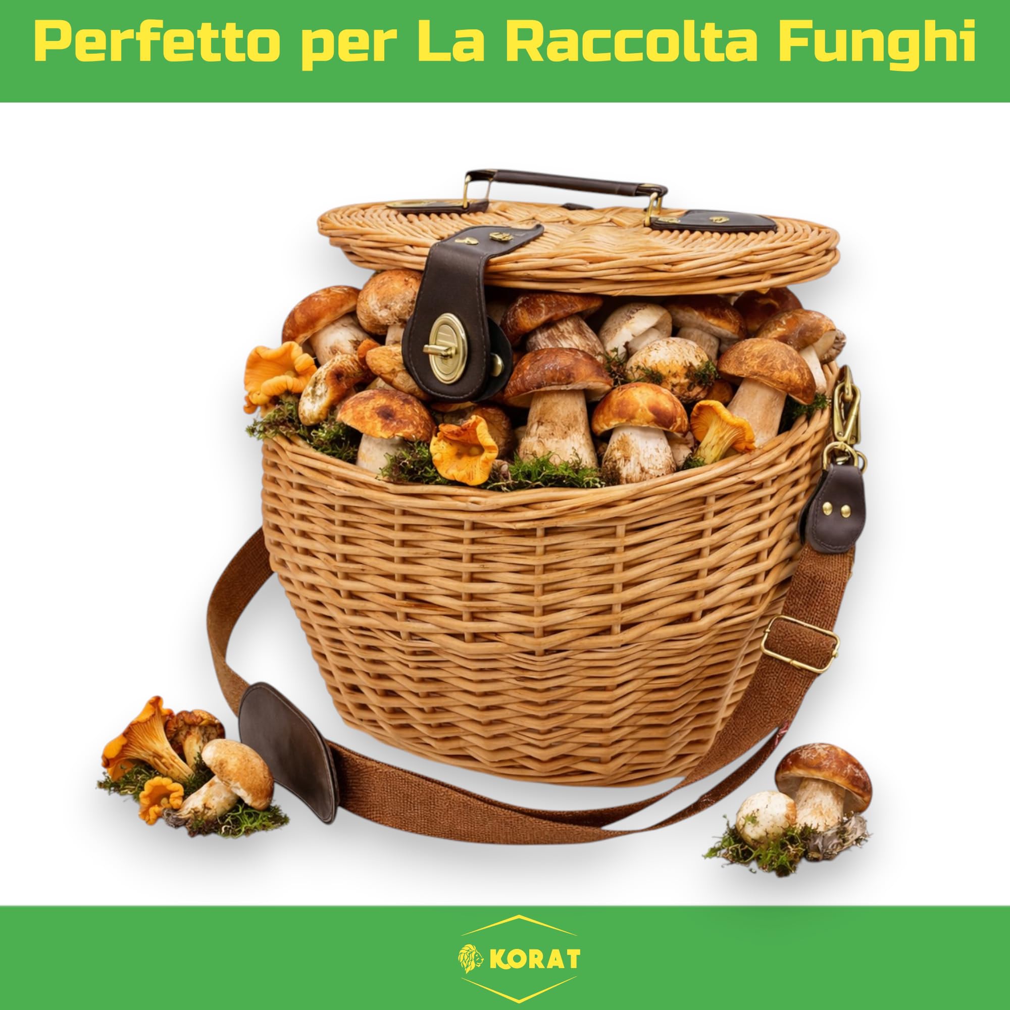 KORAT - Cestino in Vimini con Tracolla e Chiusura in Ottone, Cesto Raccolta Funghi 31x26x29 cm, Borsa Intrecciata Naturale con Maniglia, Robusto e Portatile per Outdoor e Picnic