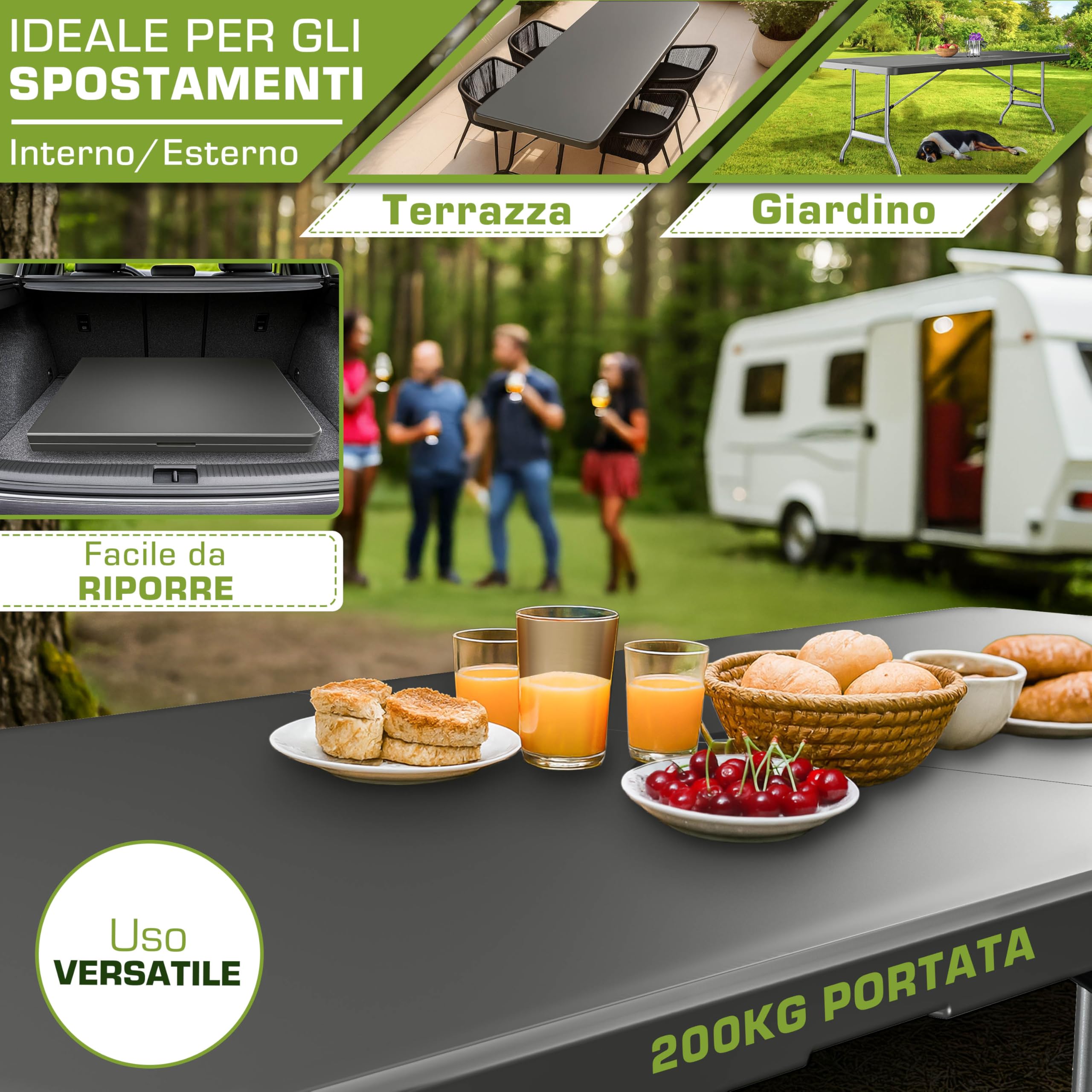tillvex Tavolo da giardino pieghevole 180x75cm plastica