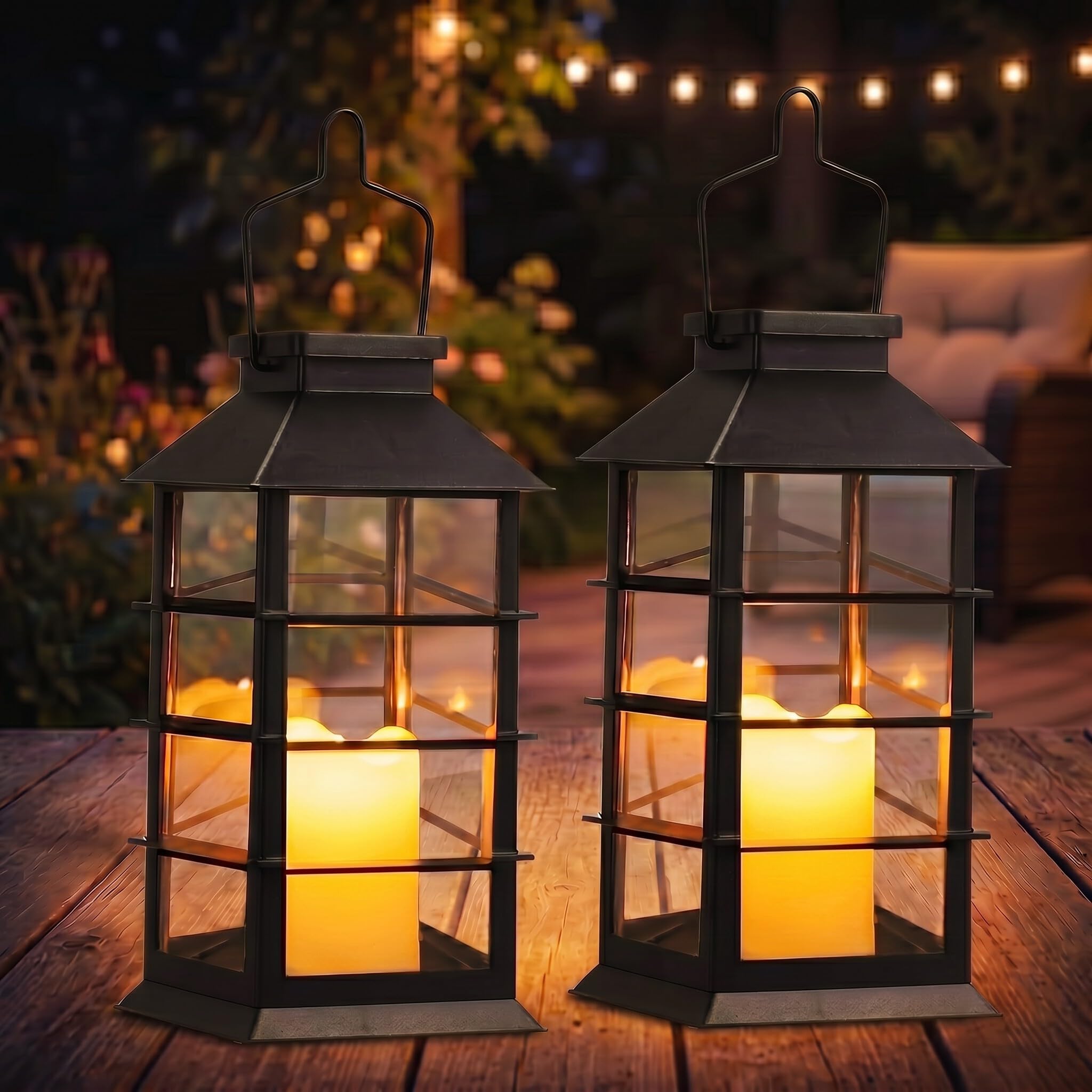 Outdoor Solar Lanterns Garden Hanging Flickering Candle Lights Solar Powered for Patio Yard Lawn Backyard Pathway Courtyard Ornaments,2 Pack [Energy Class A+]