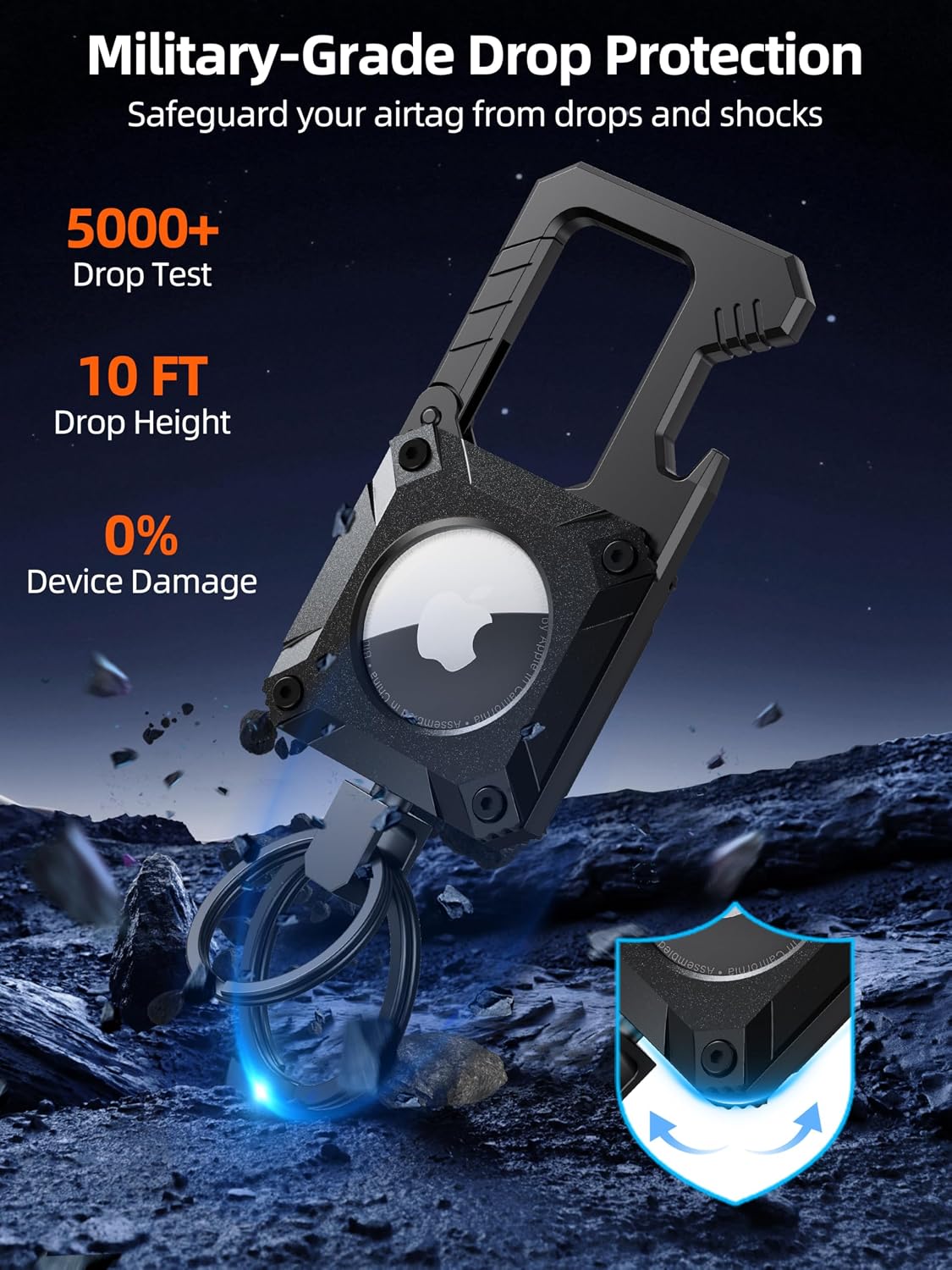 ExtreLife Air Tag Keychain with Carabiner, Heavy Duty Keychain Bottle Opener, Waterproof, Scratch Resistant,Secure Lock, Protective for AirTag Keychains Accessory for Keys -Not included AirTag -Black