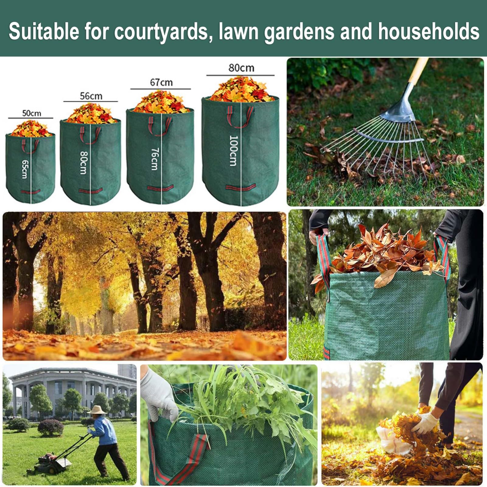 Sacos de Jardín 4X 272L,Bolsas de Basura con Asas,Gran Capacidad,Plegables y Reutilizables-Bolsas de Jardinería para Recoger Plantas,Residuos y Hojas(with Cover,67x84cm)