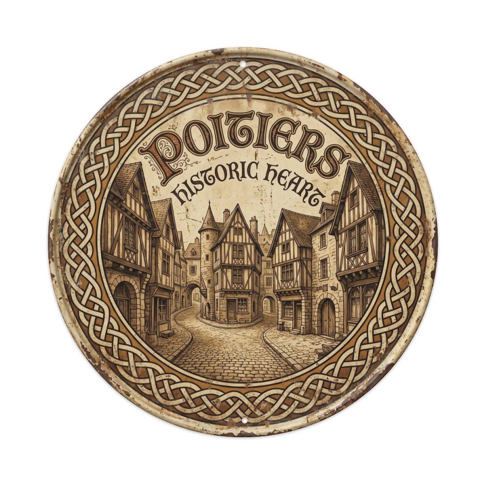 Poitiers France Medieval Classic Cartography Travel Cityscape Metal Tin Sign Plaque Wall Decor for Cafe, Man Cave, Club Bar, Office, Home Garden Round Metal Poster 8x8Inch