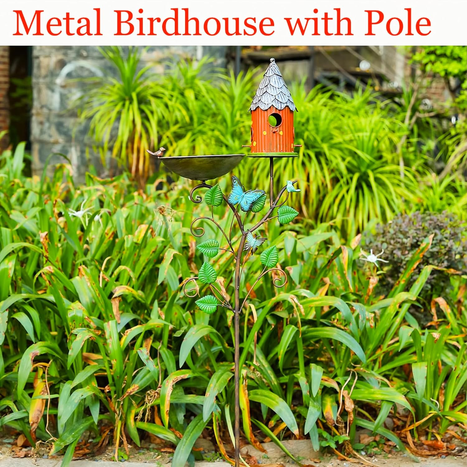 62.4" Metal Bird Houses for Outside with Pole, Bird Baths and Bird Houses for Outdoor, Birdhouses with Stake, 2-in-1 Garden Yard Garden