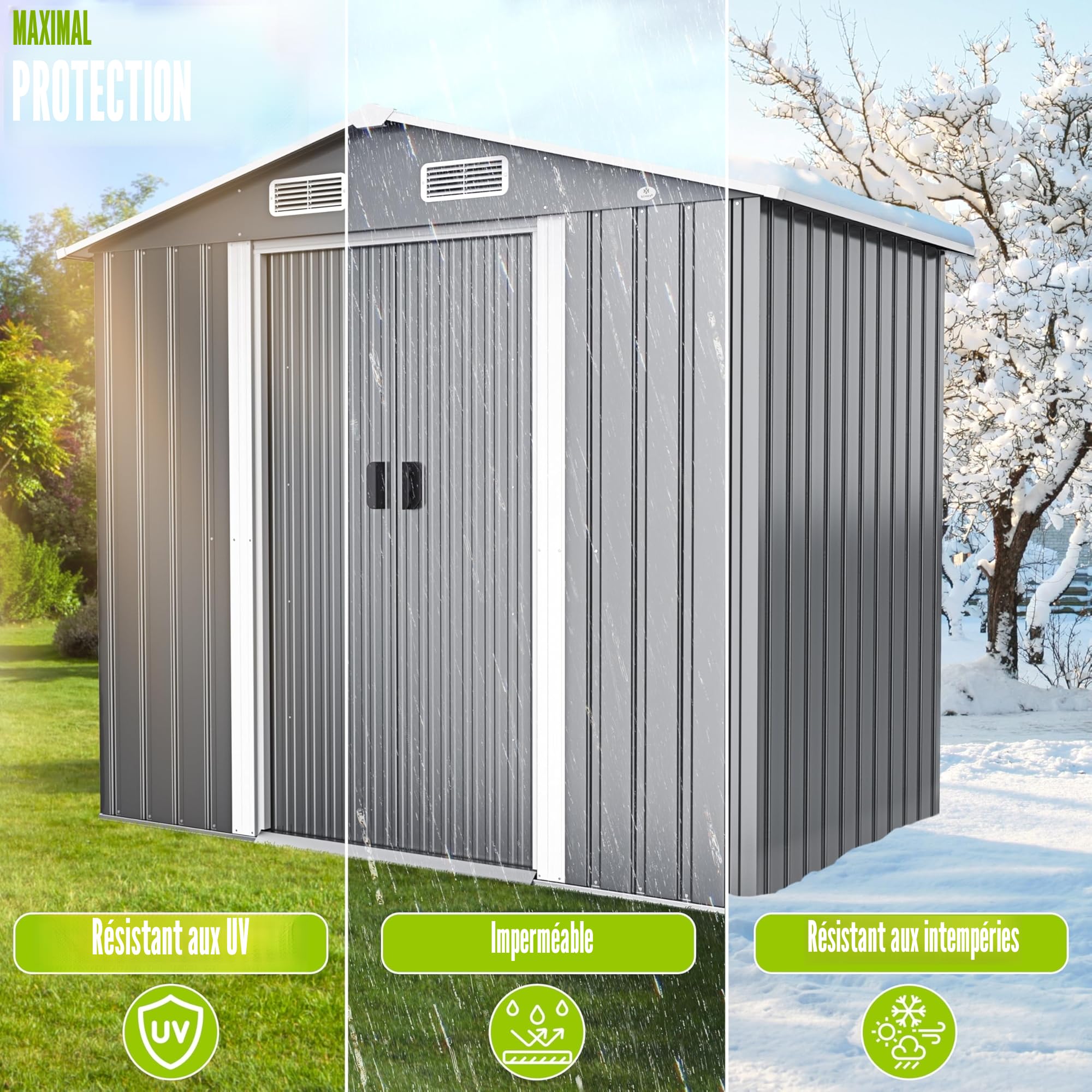 KESSER Abri de Jardin XL en Métal 4,2 m³ avec Fondation | avec Gants de Travail | 195 x 131 x 186 cm | 2 Portes Coulissantes et Fondations | Armoire | Toit à Pignon
